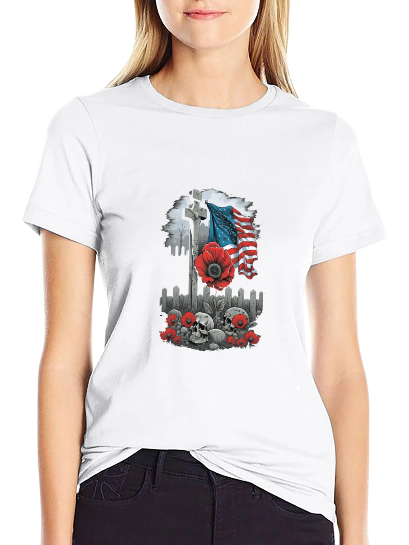 Memorial Day T-Shirt: Cross Flag Poppies & Skulls