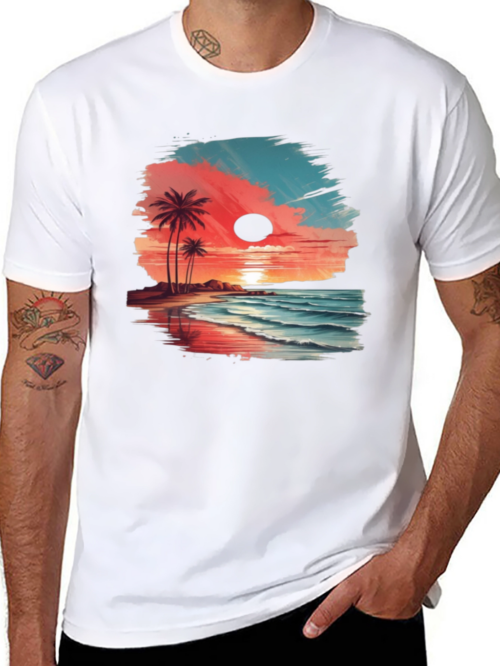 Tropical Beach Sunset Graphic Tee - Black