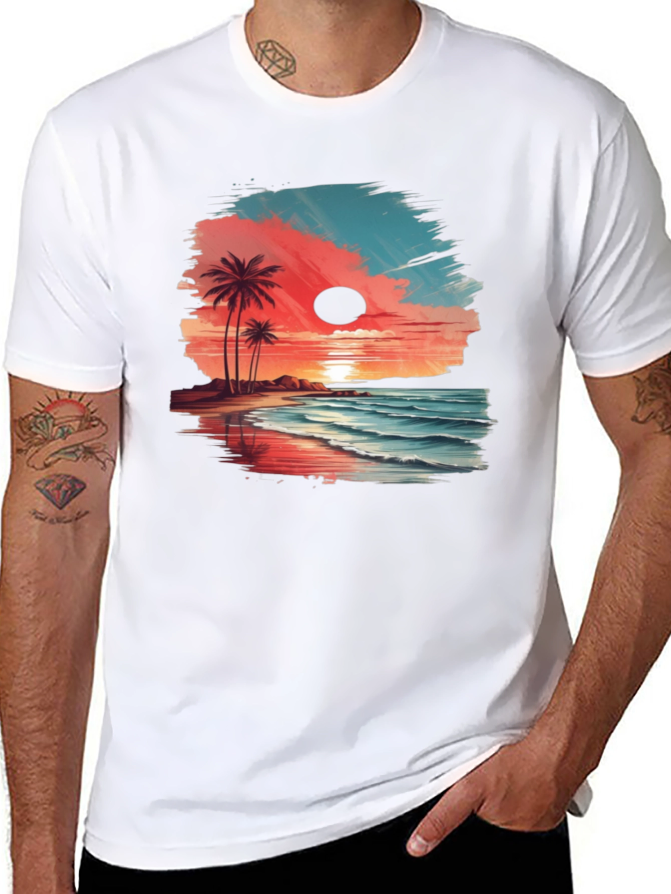 Tropical Beach Sunset Graphic Tee - Black