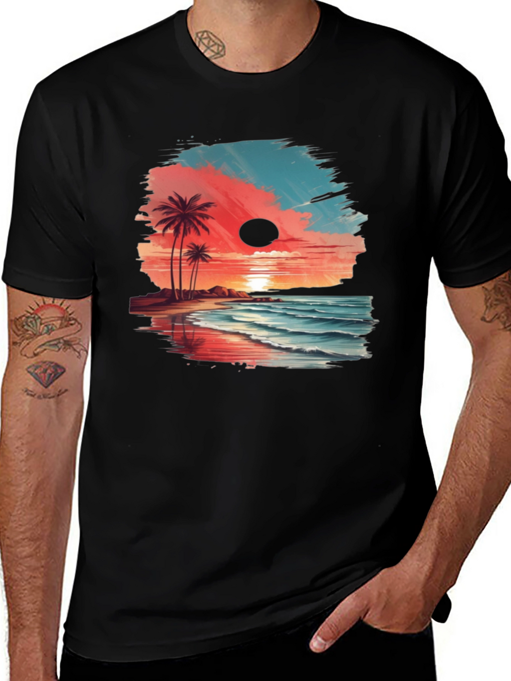 Tropical Beach Sunset Graphic Tee - Black