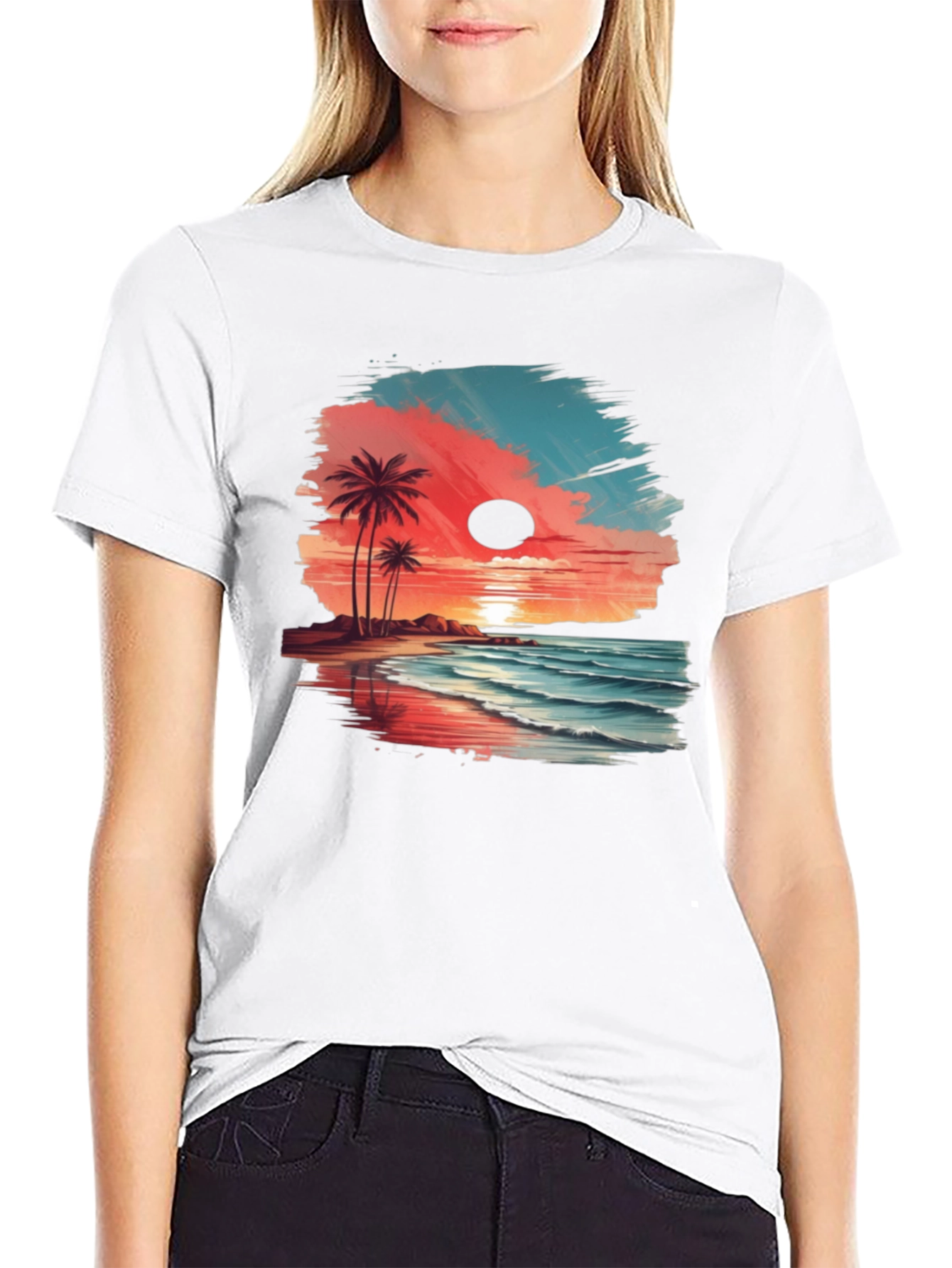 Tropical Beach Sunset Graphic Tee - Black
