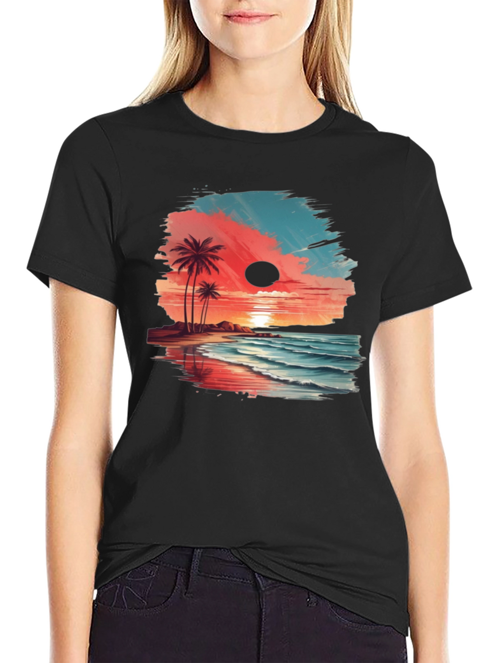 Tropical Beach Sunset Graphic Tee - Black