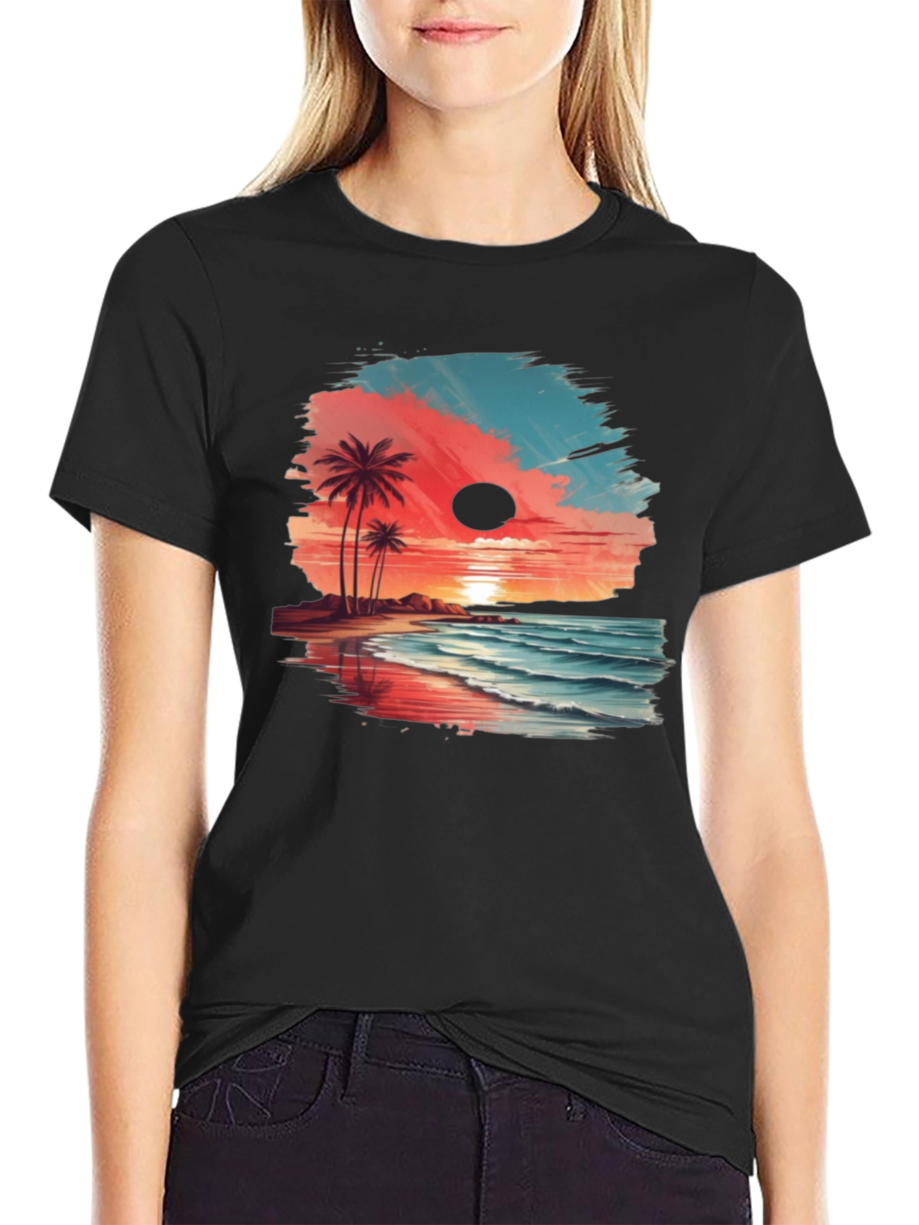 Tropical Beach Sunset Graphic Tee - Black