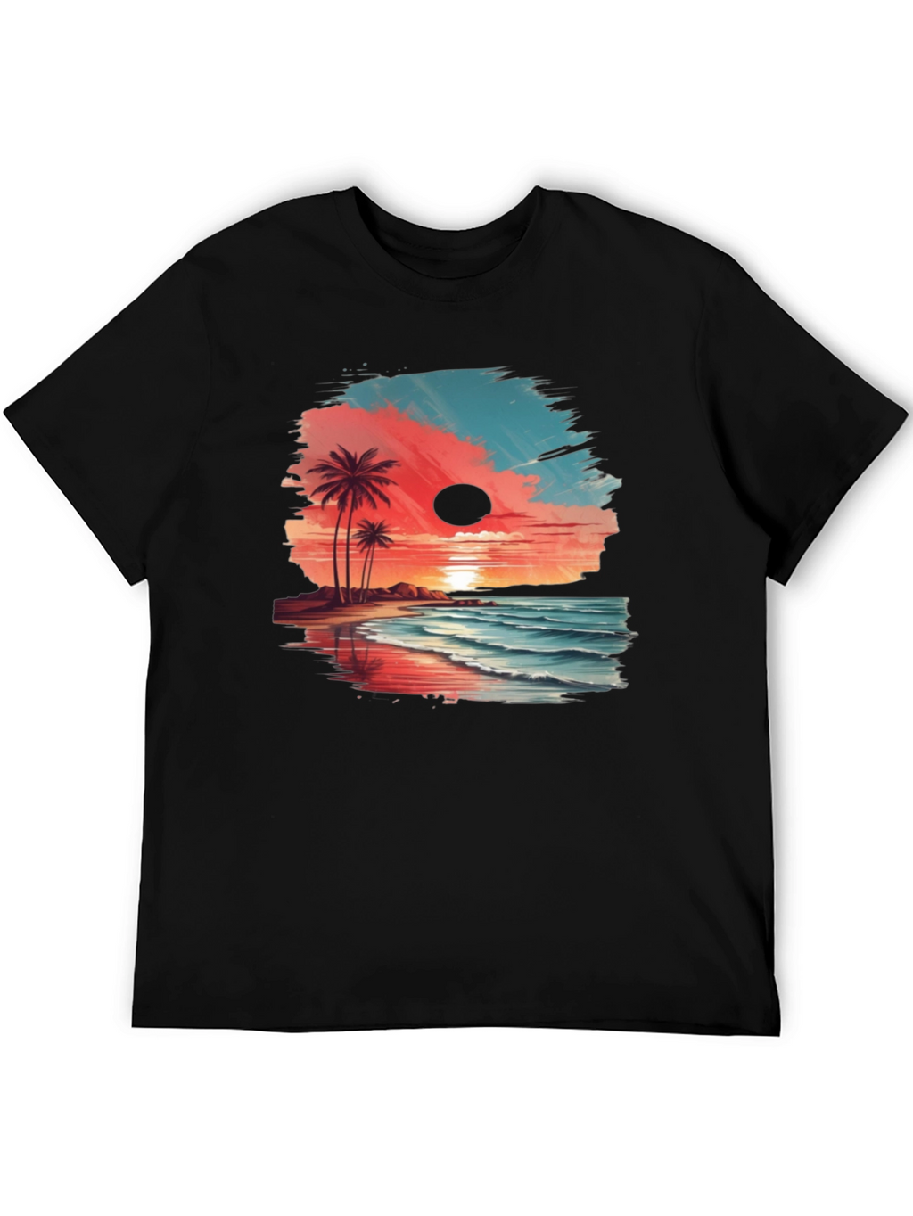 Tropical Beach Sunset Graphic Tee - Black