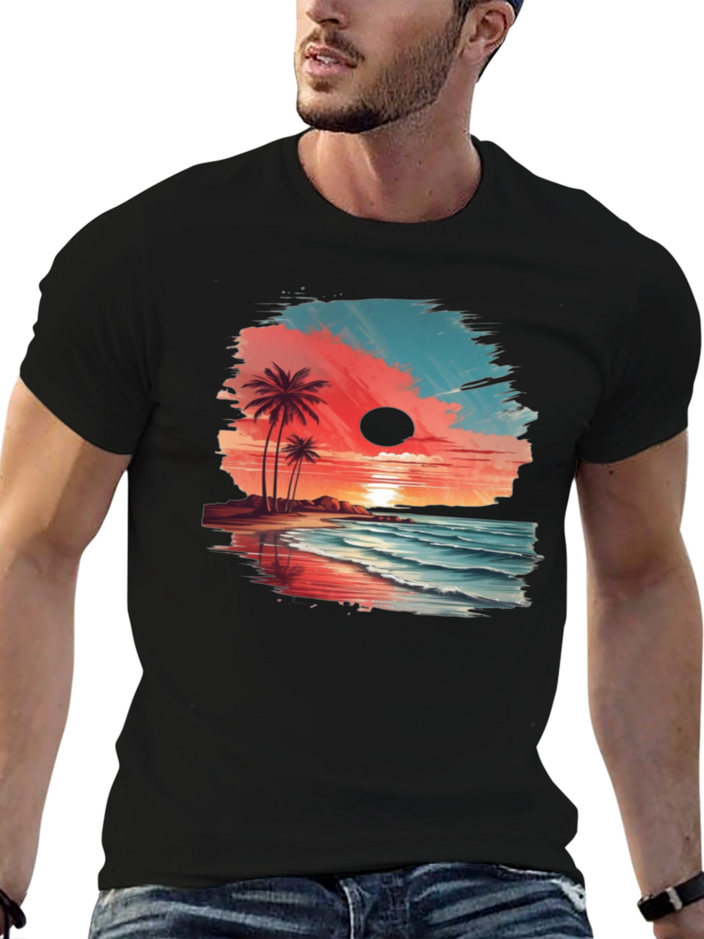 Tropical Beach Sunset Graphic Tee - Black