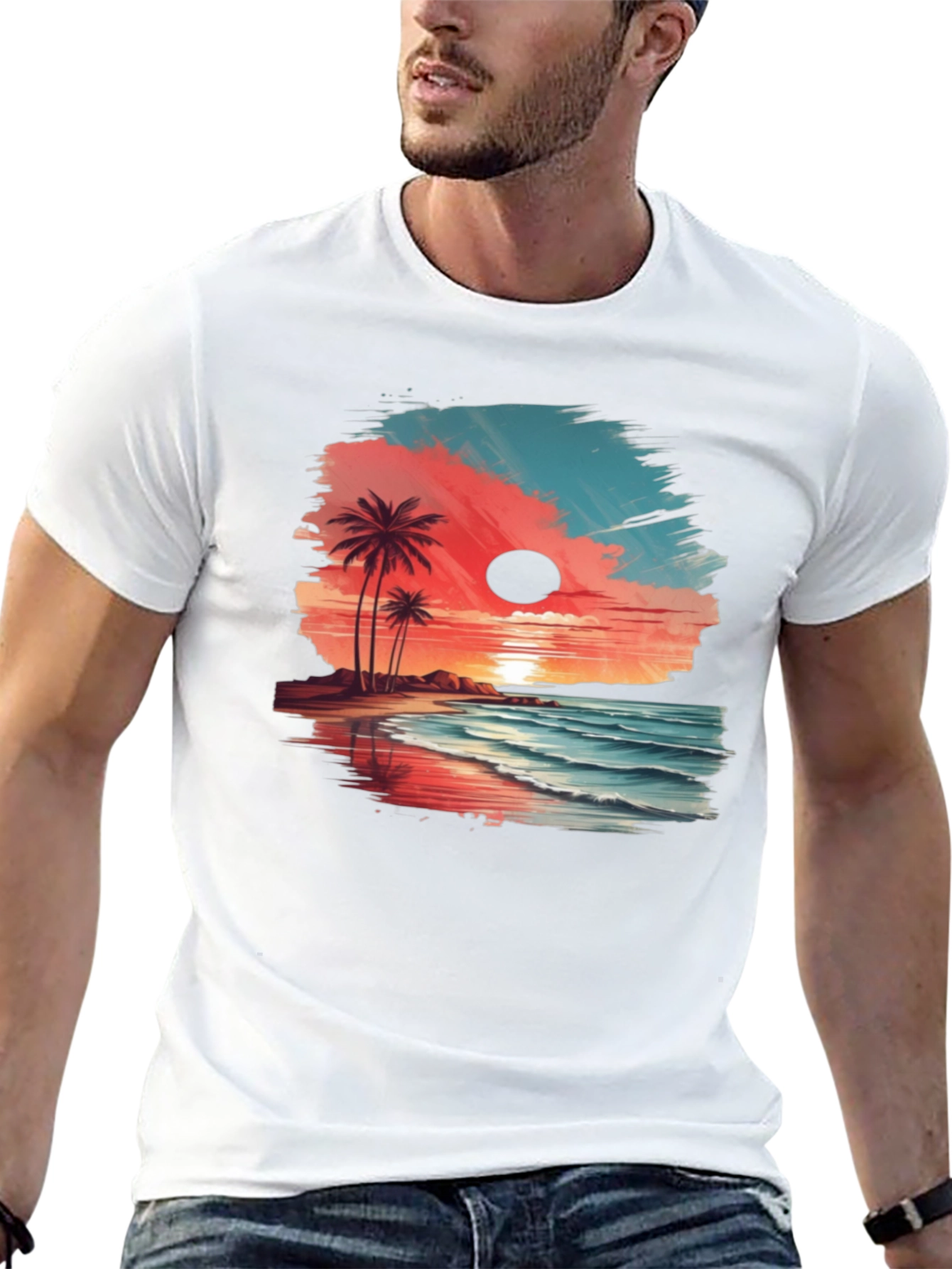 Tropical Beach Sunset Graphic Tee - Black