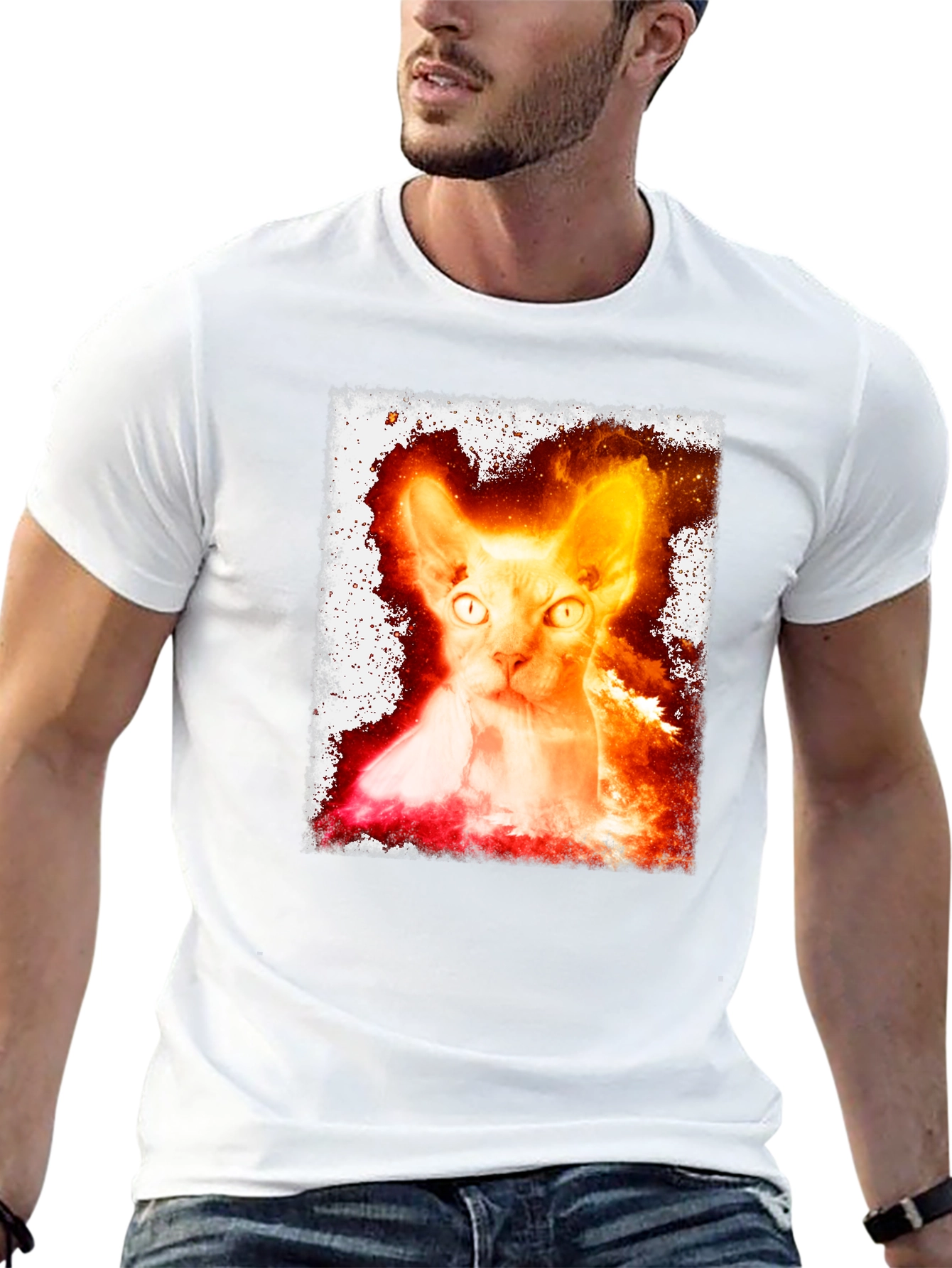 Fiery Sphynx Cat Graphic Tee - Unisex Black T-Shirt