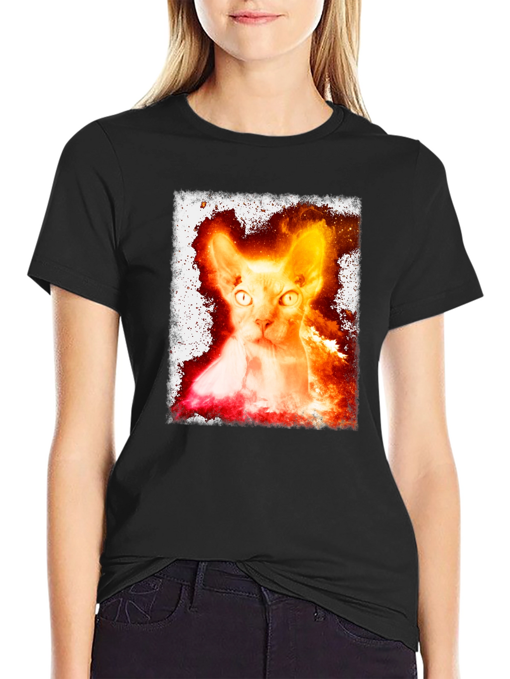 Fiery Sphynx Cat Graphic Tee - Unisex Black T-Shirt