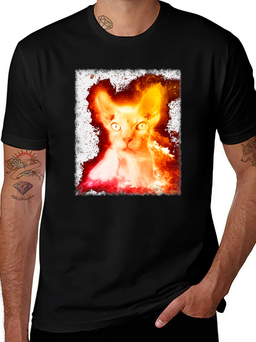 Fiery Sphynx Cat Graphic Tee - Unisex Black T-Shirt
