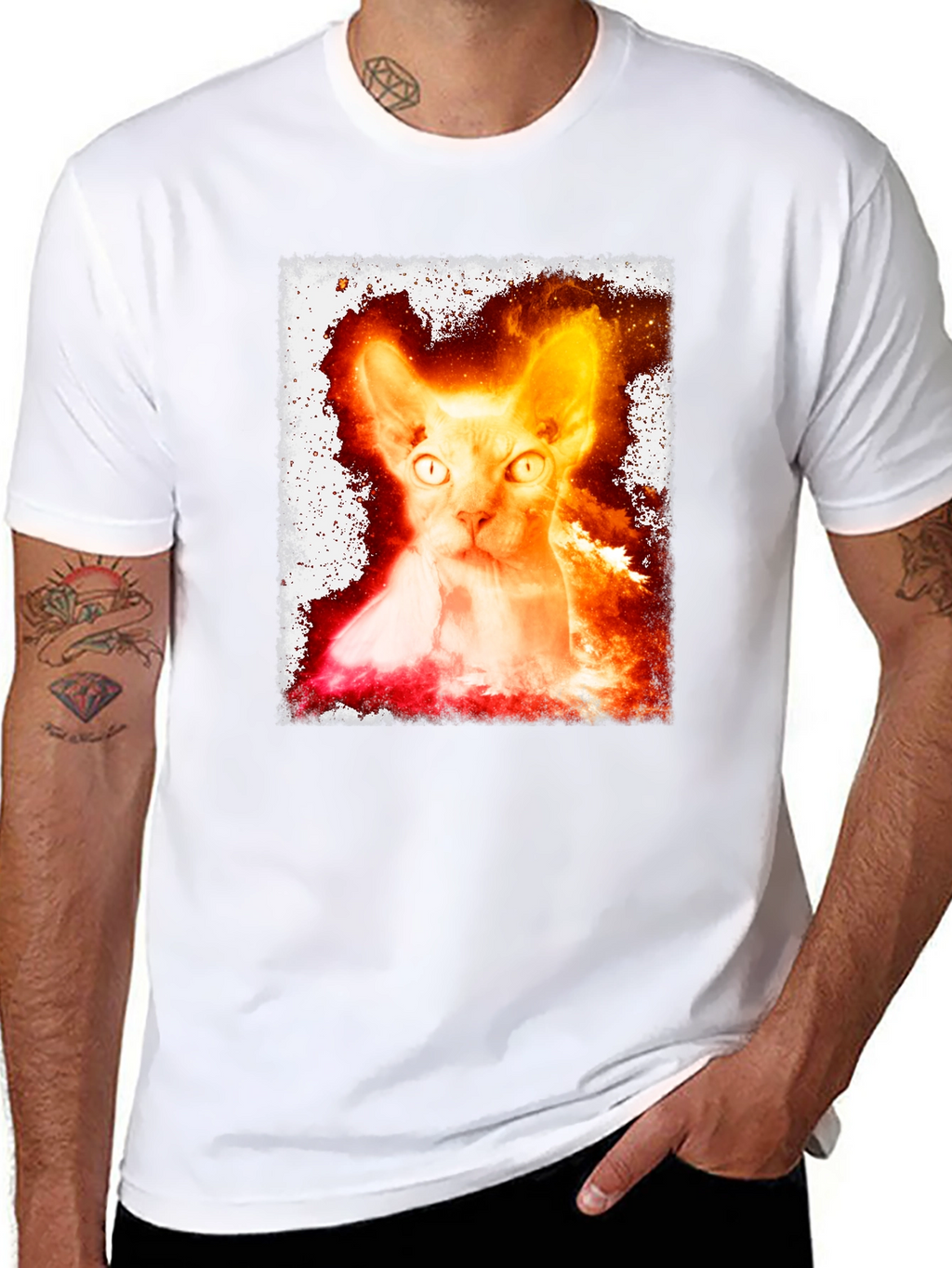 Fiery Sphynx Cat Graphic Tee - Unisex Black T-Shirt