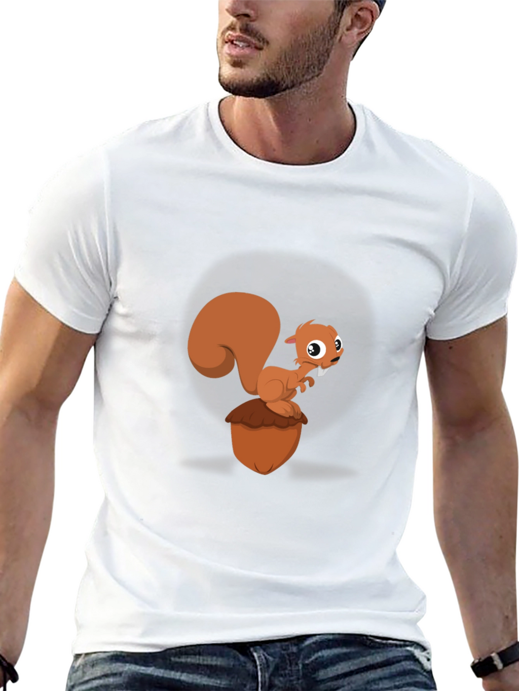 Cartoon Squirrel & Acorn Black T-Shirt