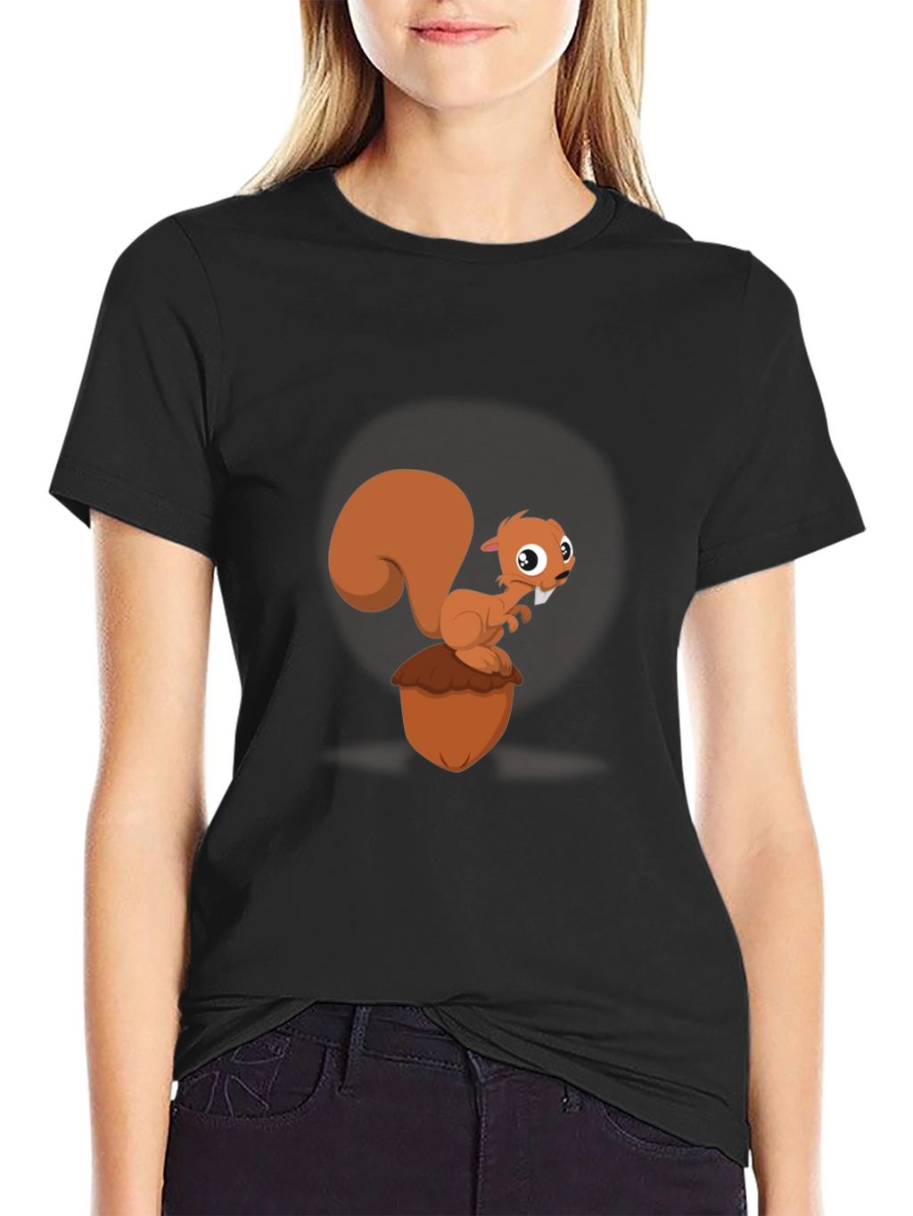 Cartoon Squirrel & Acorn Black T-Shirt