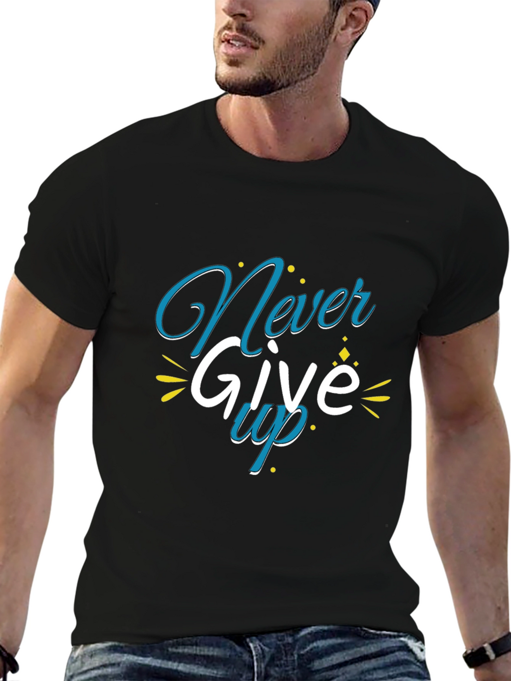 Never Give Up Graphic Print Black T-Shirt