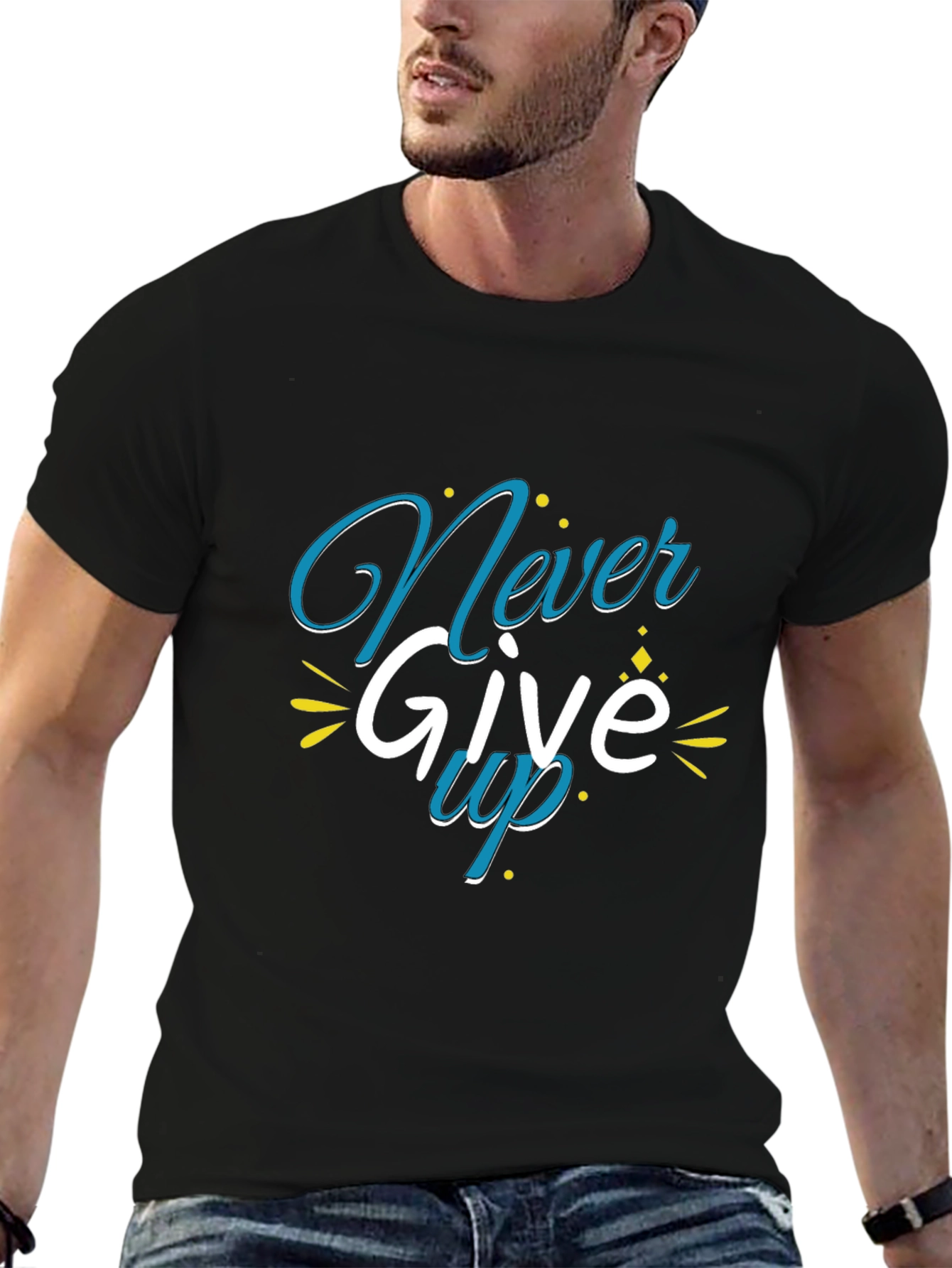 Never Give Up Graphic Print Black T-Shirt