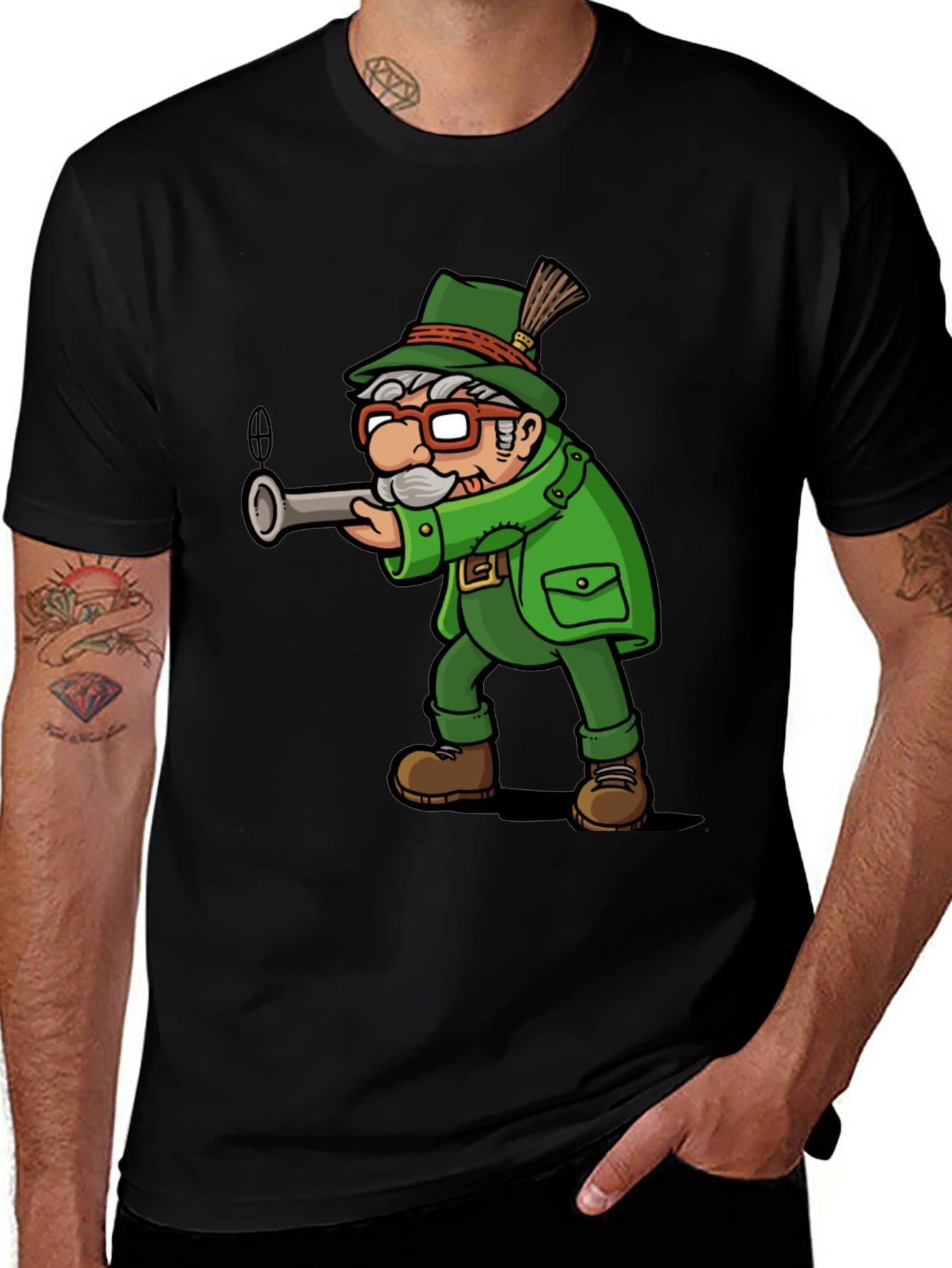 Cartoon Hunter Graphic Tee - Black Cotton Blend