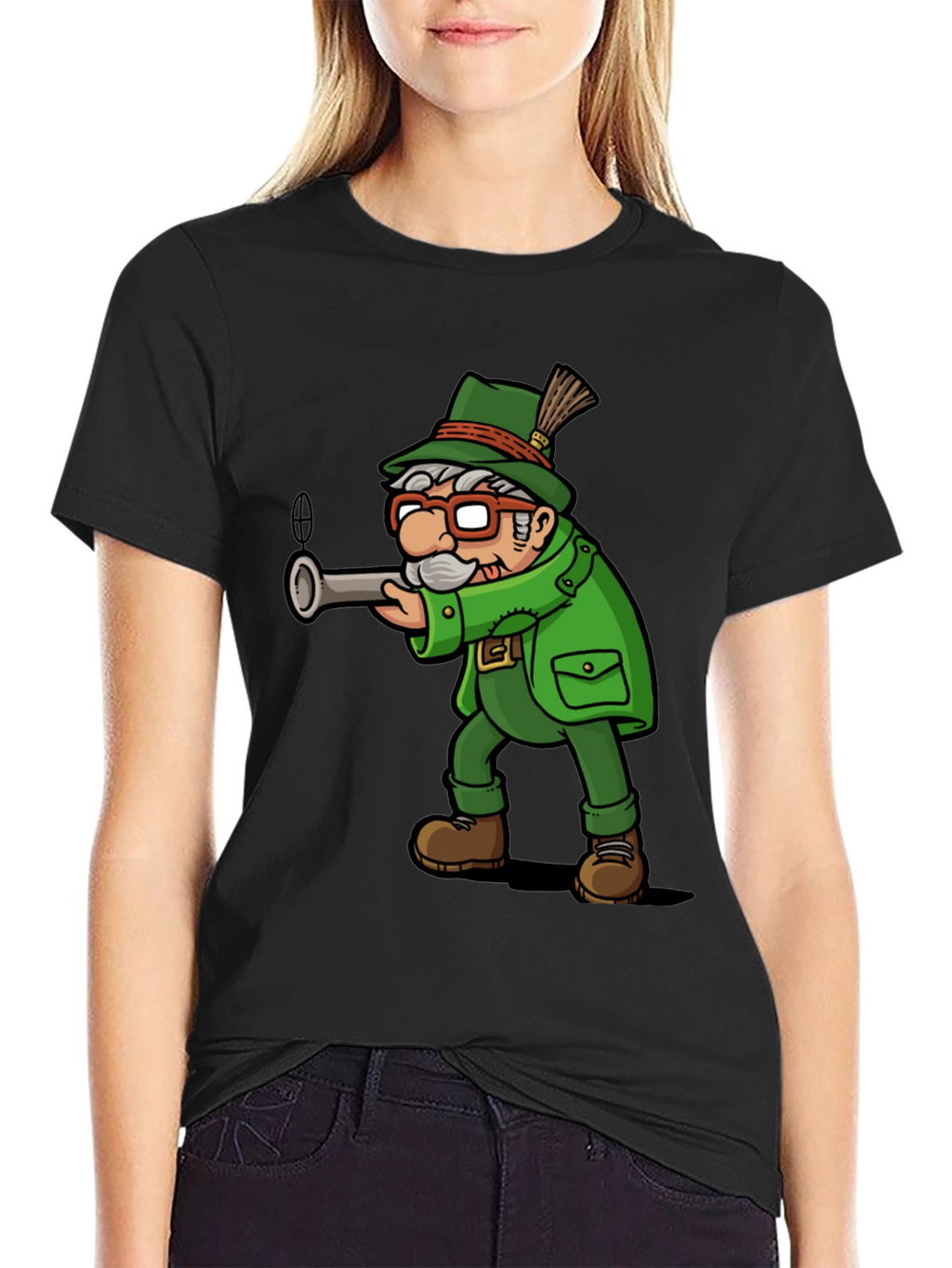 Cartoon Hunter Graphic Tee - Black Cotton Blend