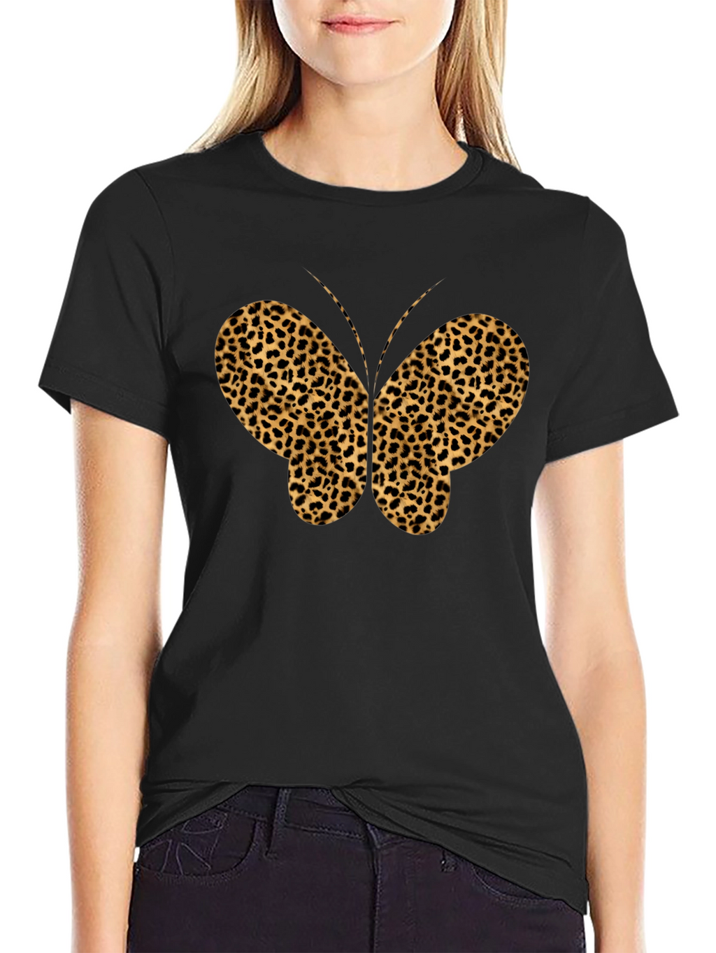 Leopard Print Butterfly Graphic Tee - Black
