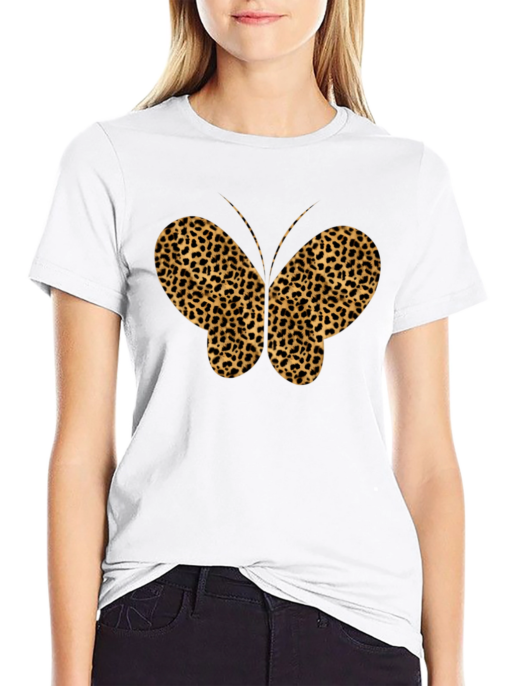 Leopard Print Butterfly Graphic Tee - Black