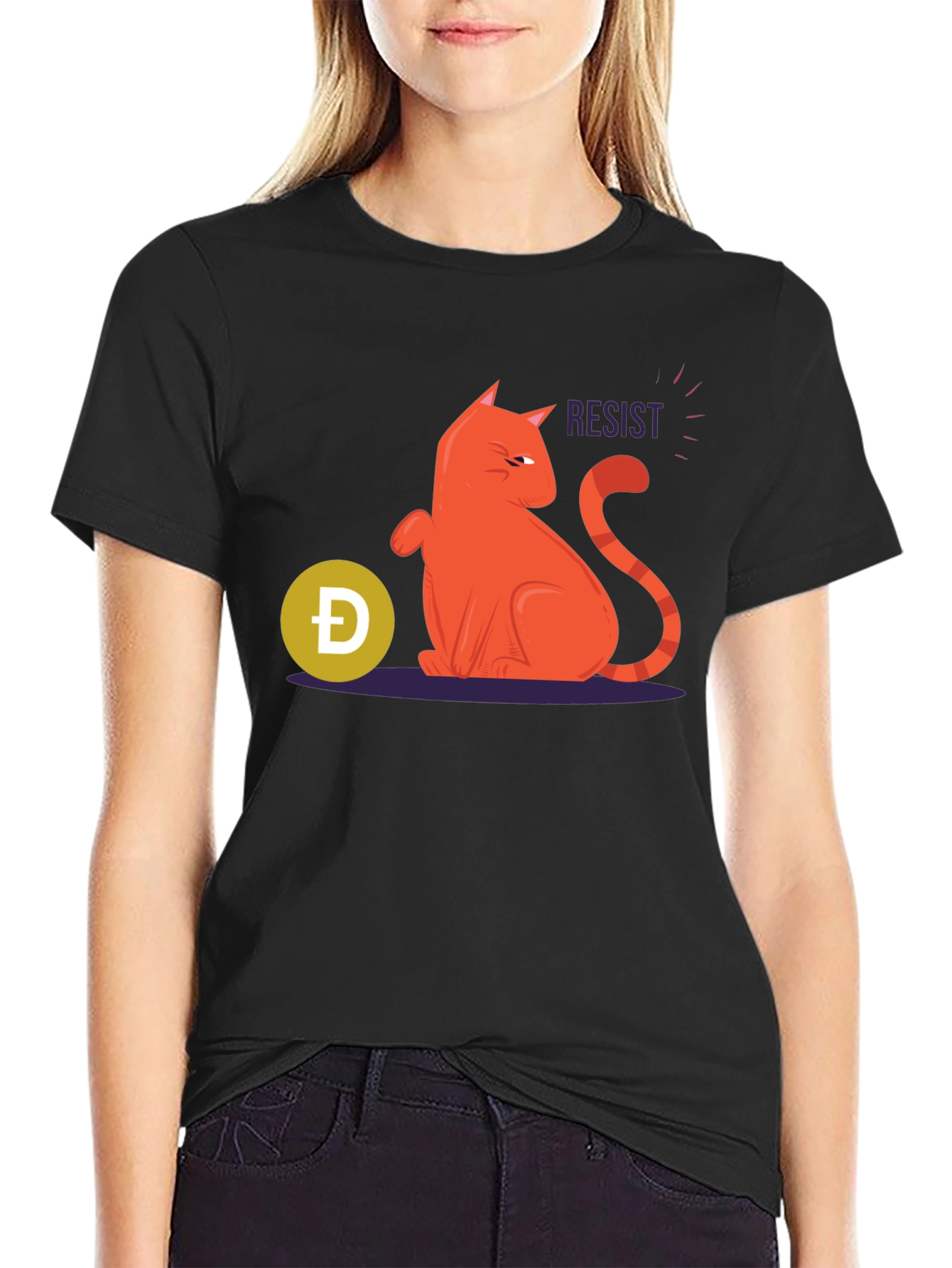 Resist Cat Graphic Tee - Black Cotton Casual Shirt