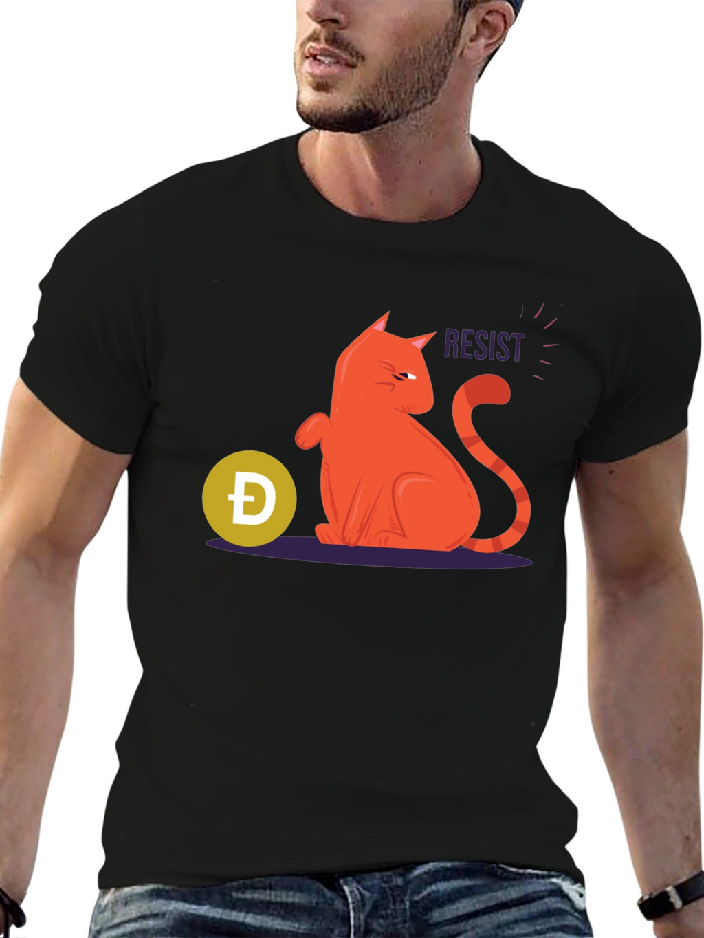 Resist Cat Graphic Tee - Black Cotton Casual Shirt