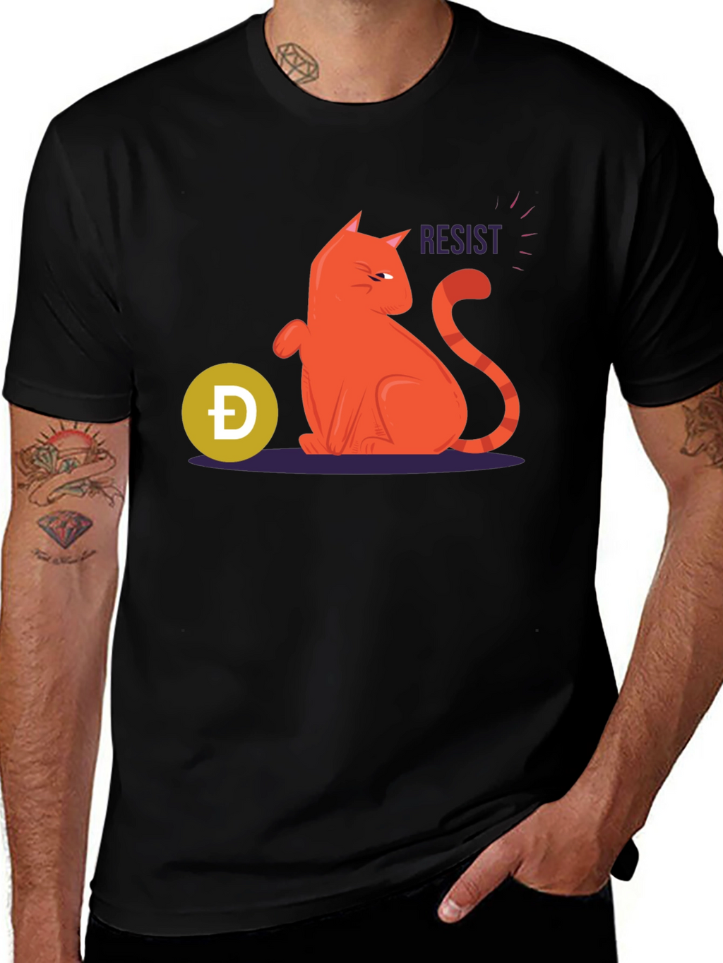 Resist Cat Graphic Tee - Black Cotton Casual Shirt