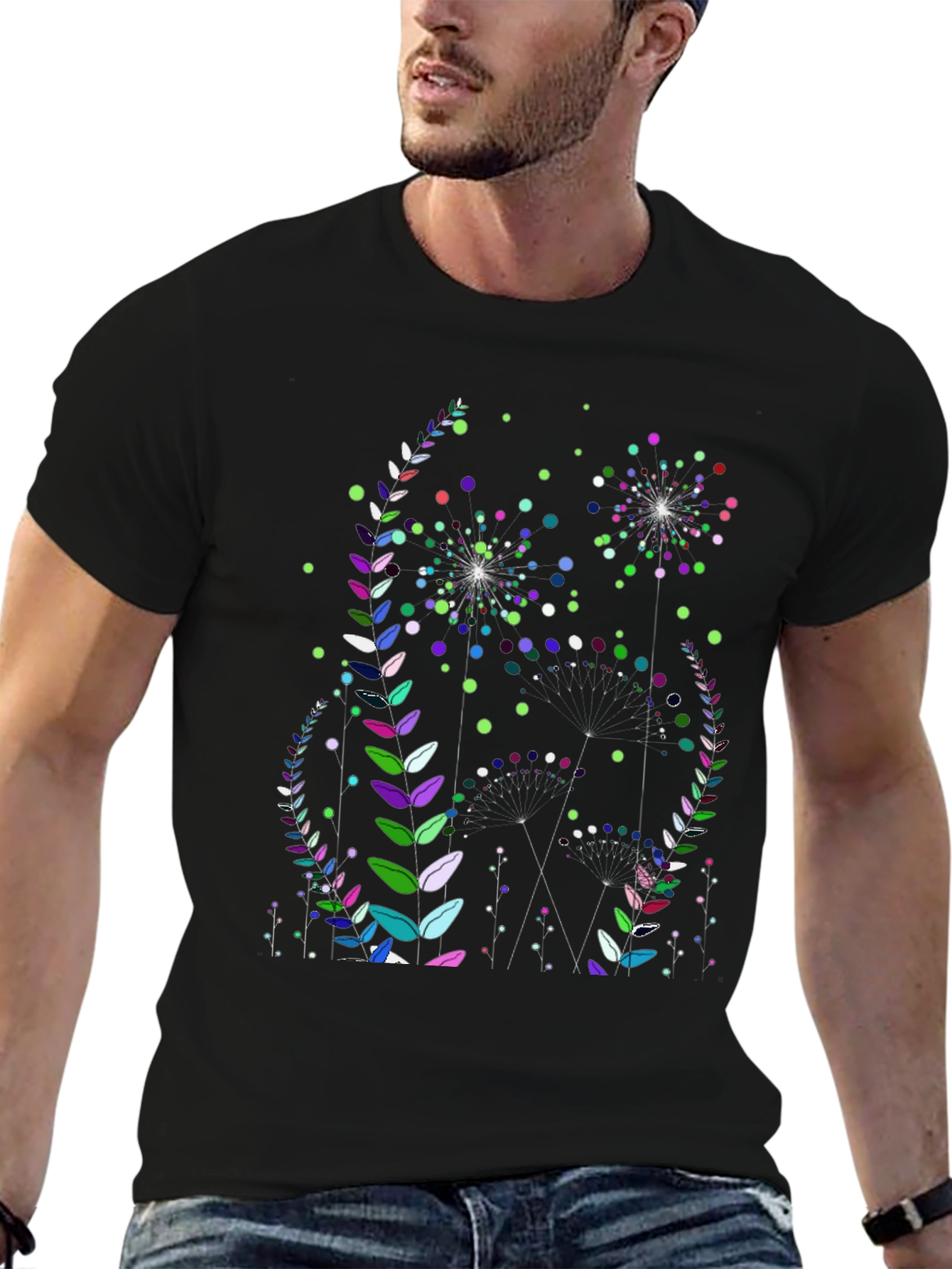 Floral Fireworks Graphic Print Black T-Shirt