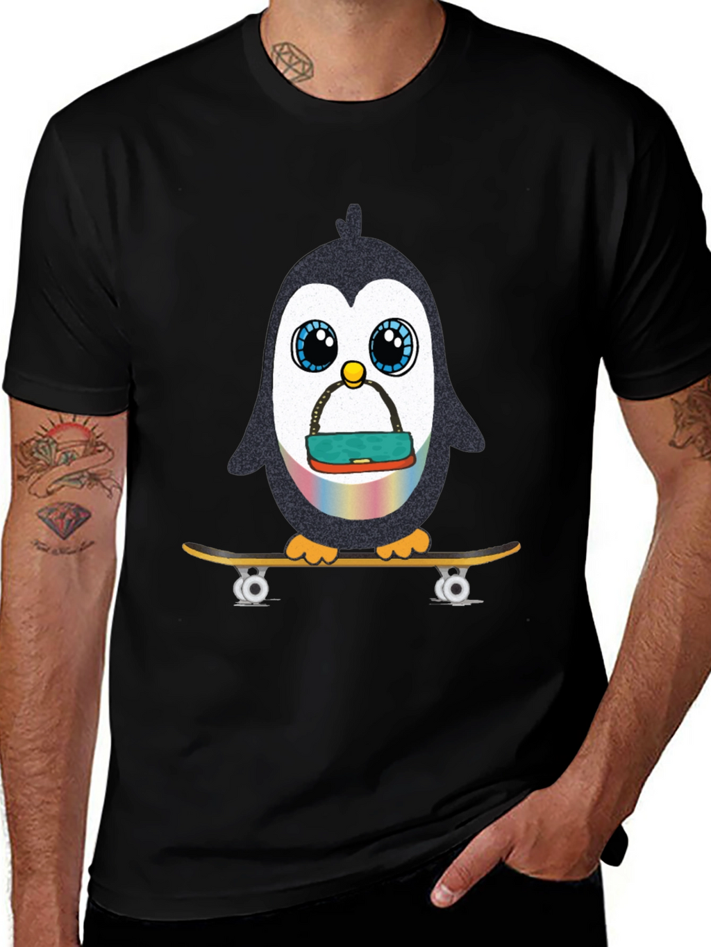 Skateboarding Penguin Graphic Tee - Black
