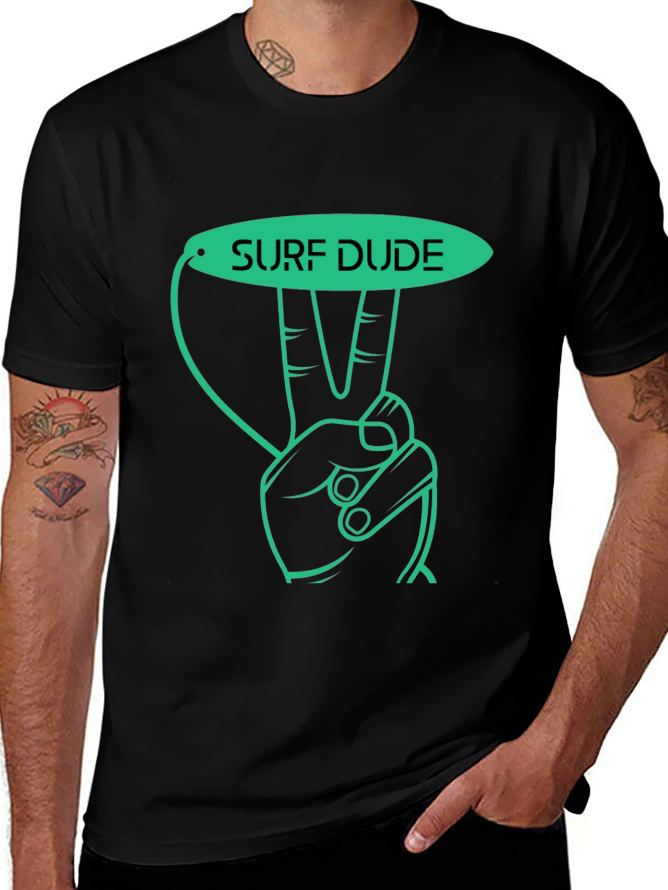 Surf Dude Graphic Tee - Black Cotton T-Shirt