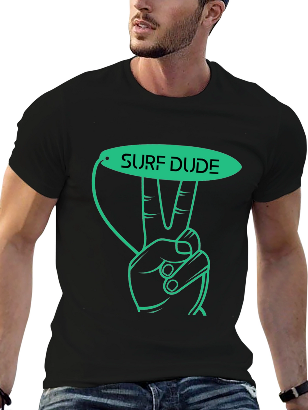 Surf Dude Graphic Tee - Black Cotton T-Shirt