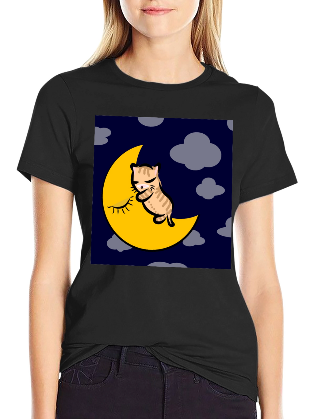 Cat Napping on Moon Graphic T-Shirt