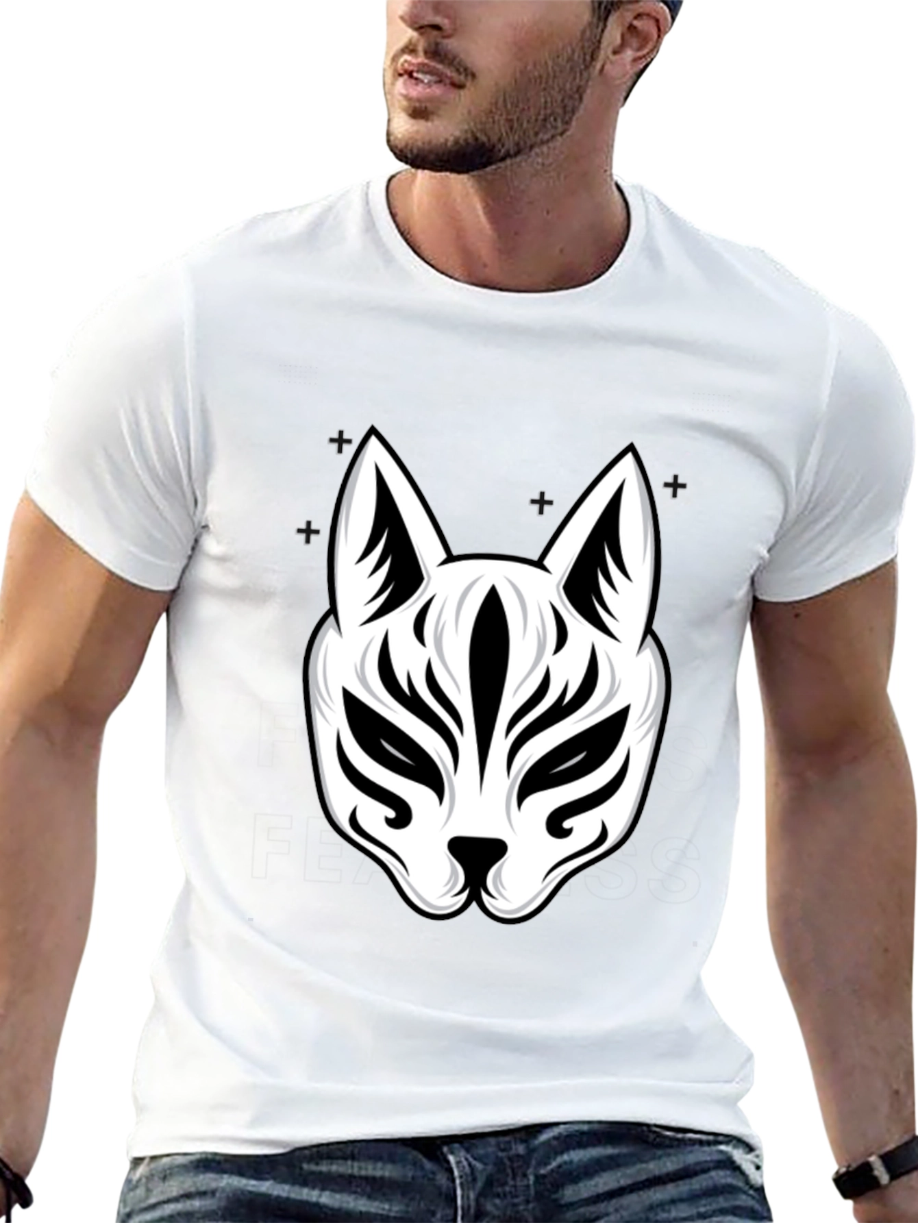 Black T-Shirt with Kitsune Mask Design