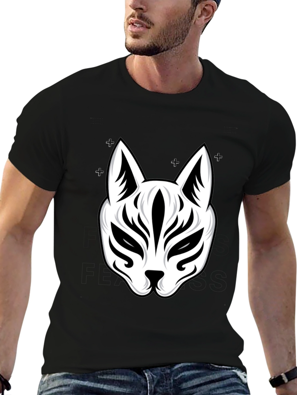 Black T-Shirt with Kitsune Mask Design