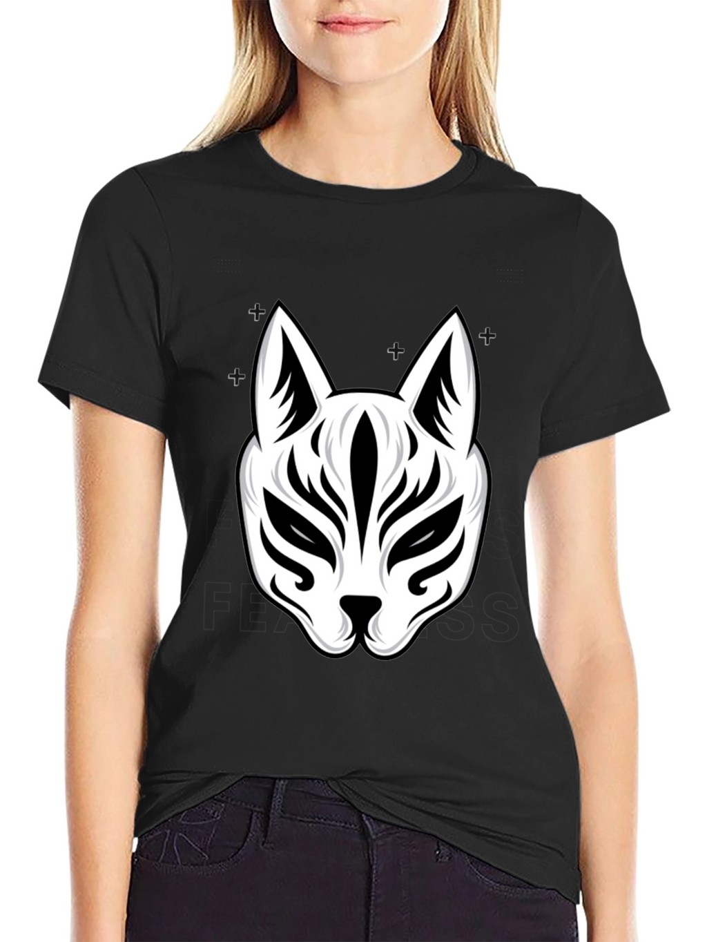 Black T-Shirt with Kitsune Mask Design