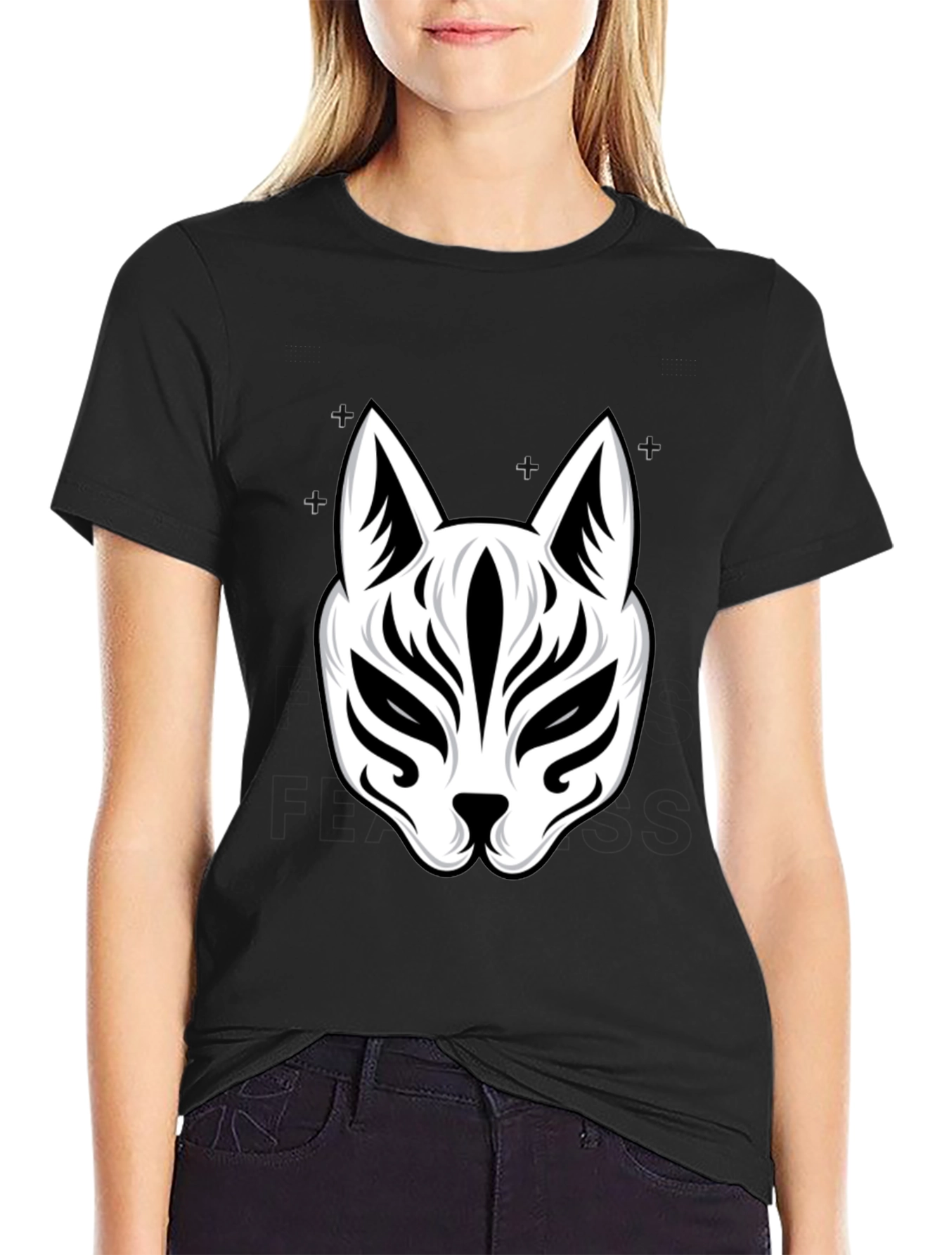 Black T-Shirt with Kitsune Mask Design