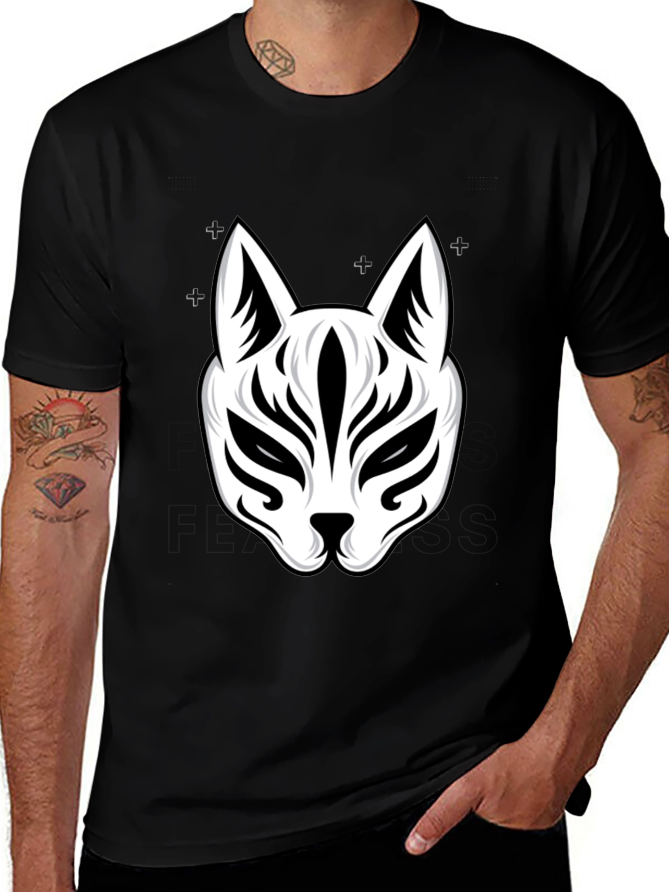 Black T-Shirt with Kitsune Mask Design
