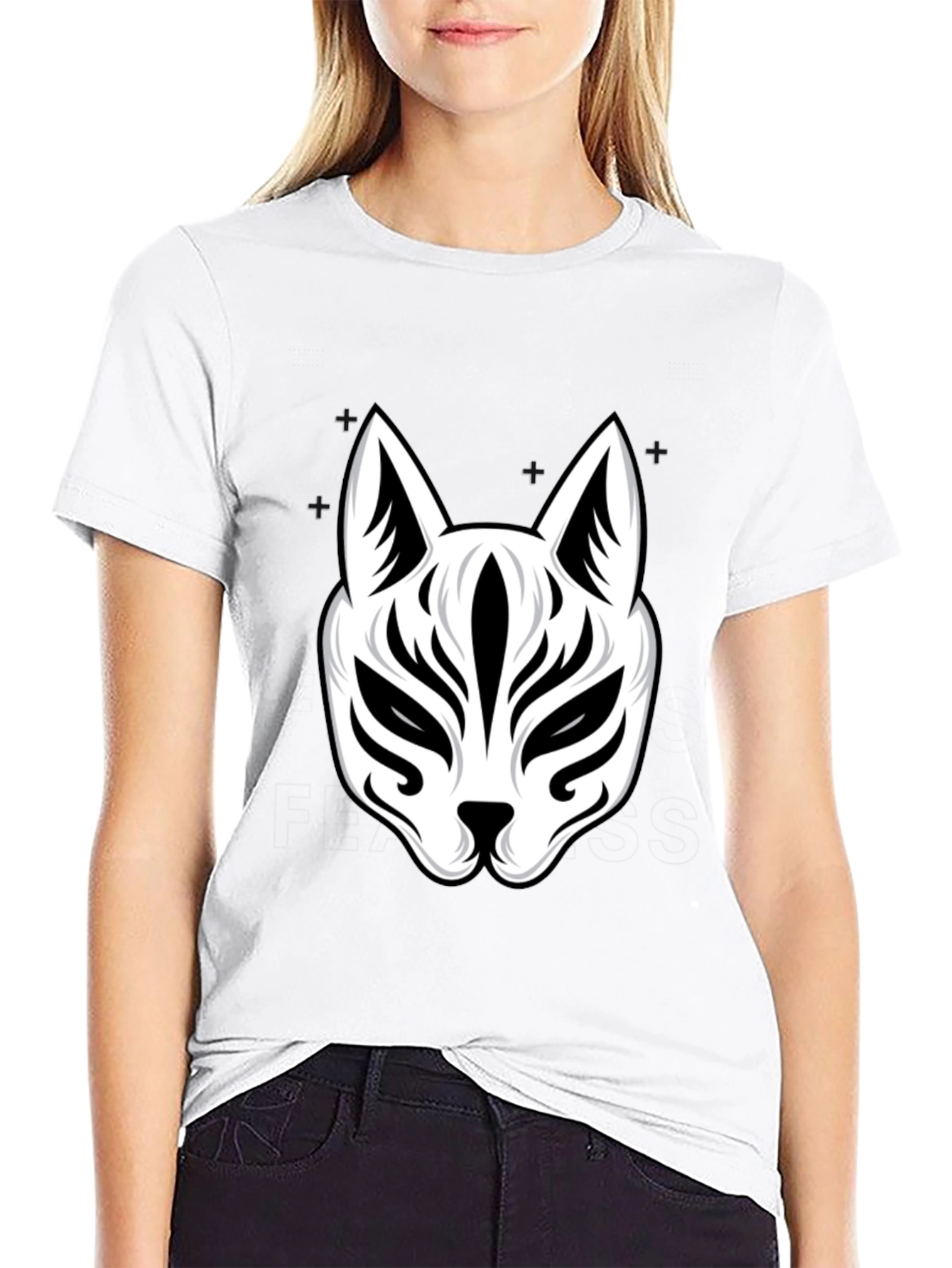 Black T-Shirt with Kitsune Mask Design
