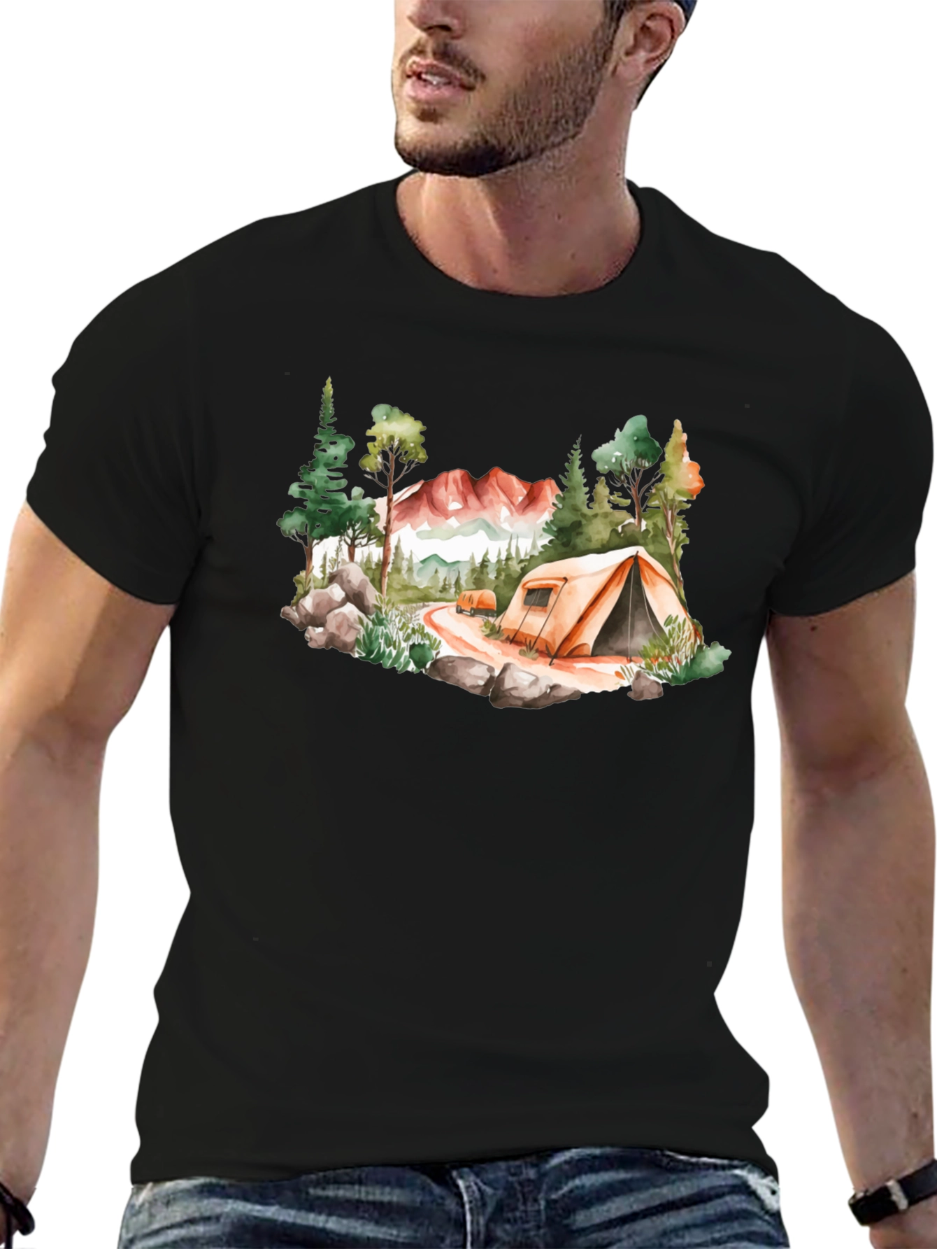 Camping Scene Black T-Shirt