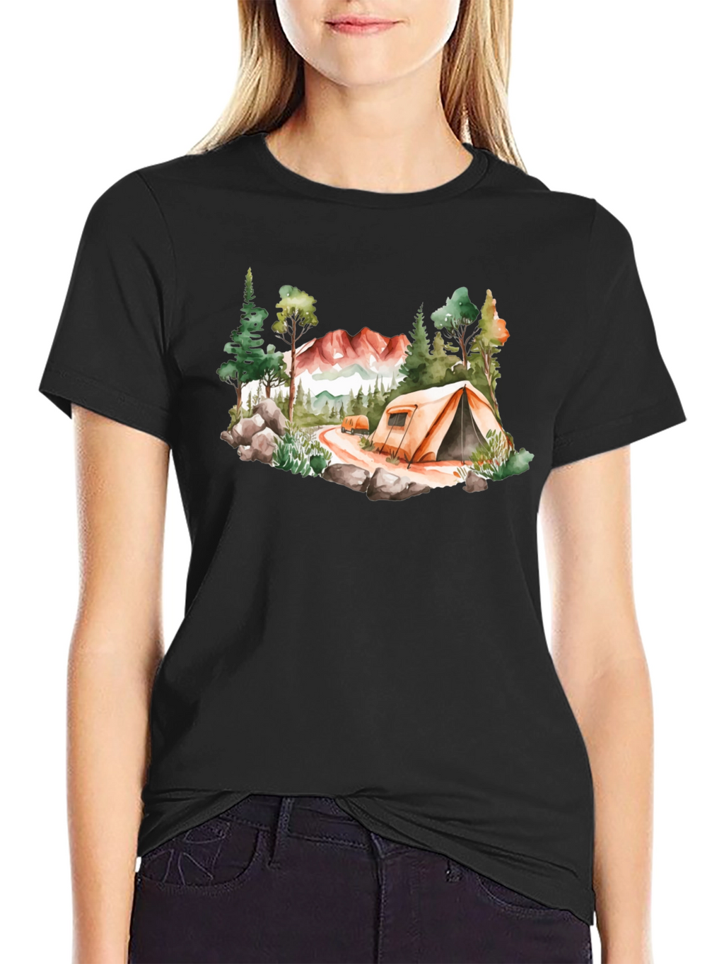Camping Scene Black T-Shirt