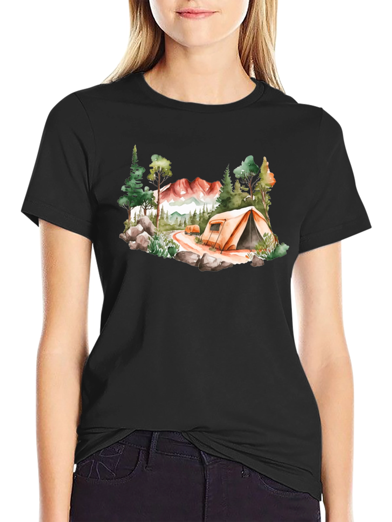 Camping Scene Black T-Shirt