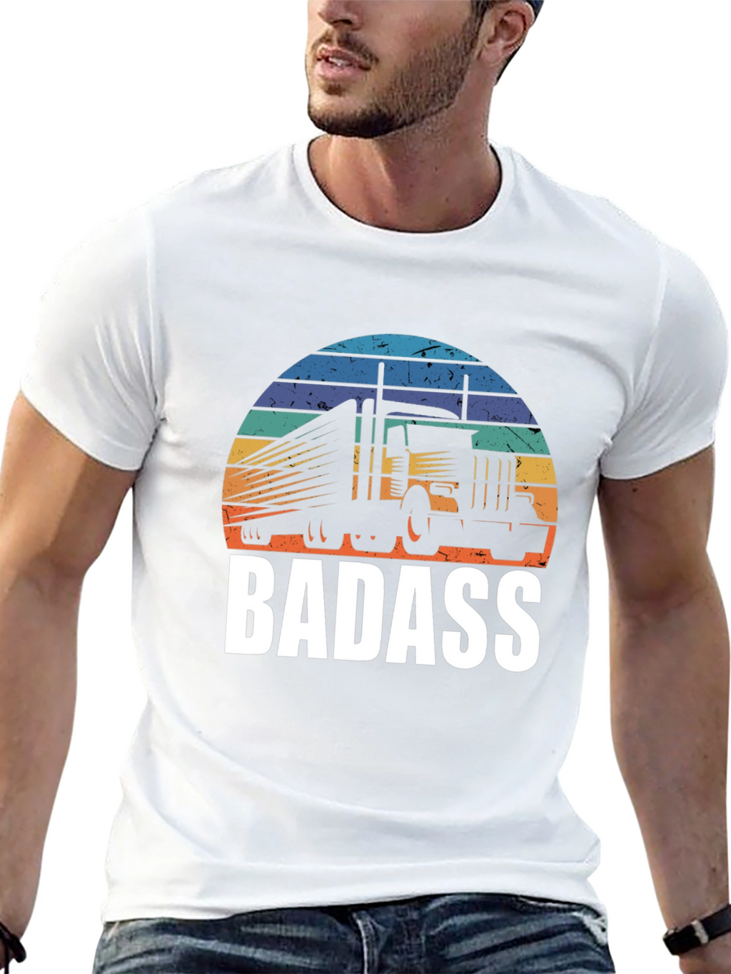 Badass Trucker T-Shirt - Retro Sunset Design