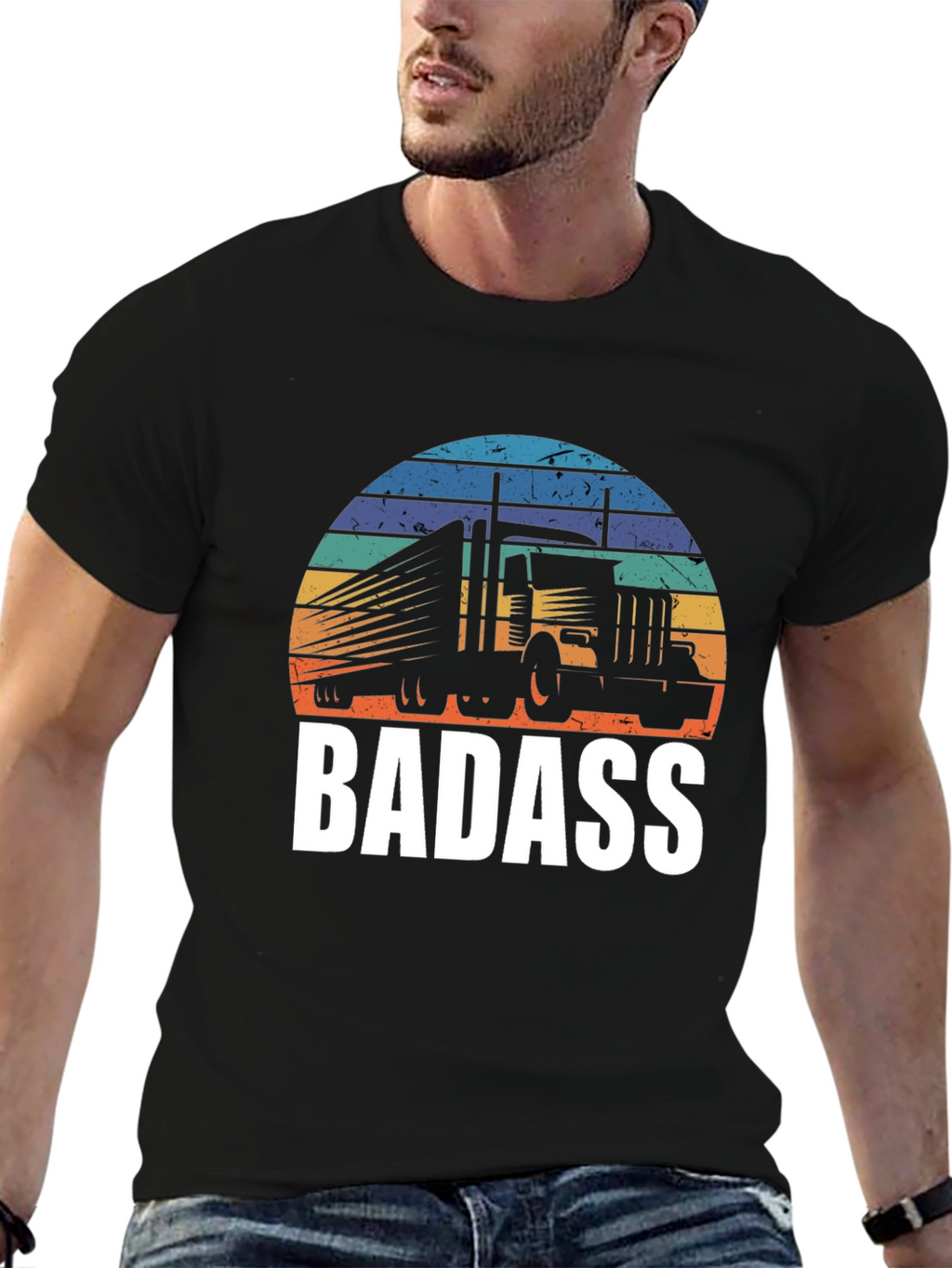 Badass Trucker T-Shirt - Retro Sunset Design