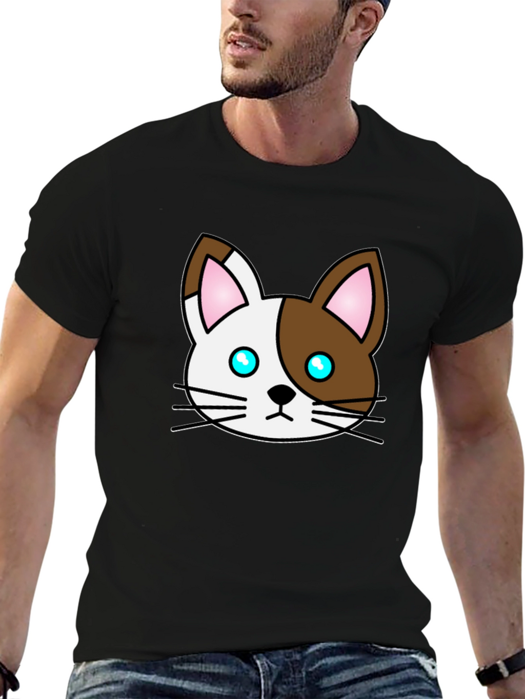 Cute Cartoon Cat Graphic Black T-Shirt