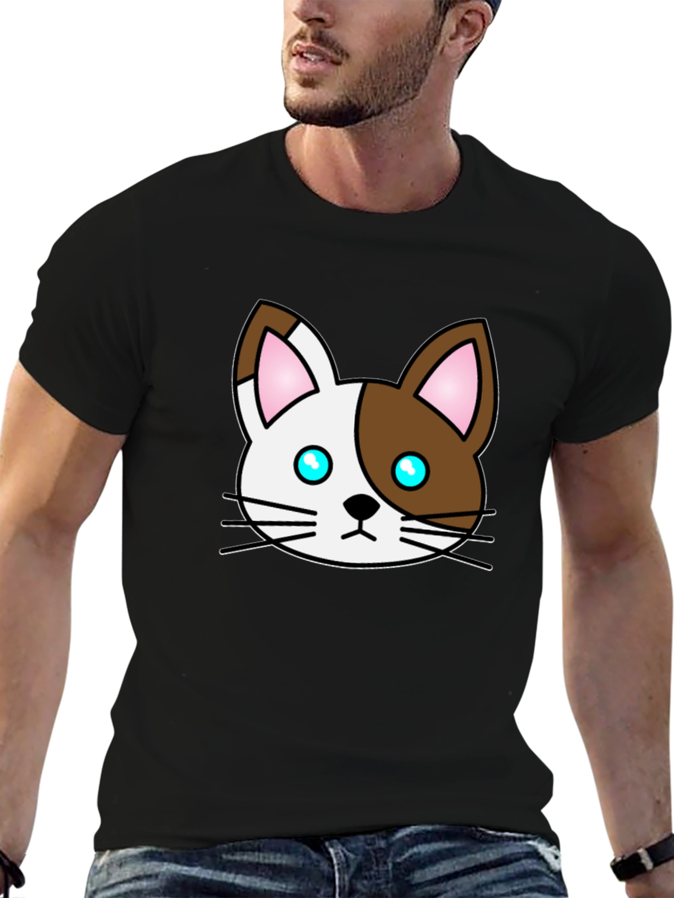 Cute Cartoon Cat Graphic Black T-Shirt