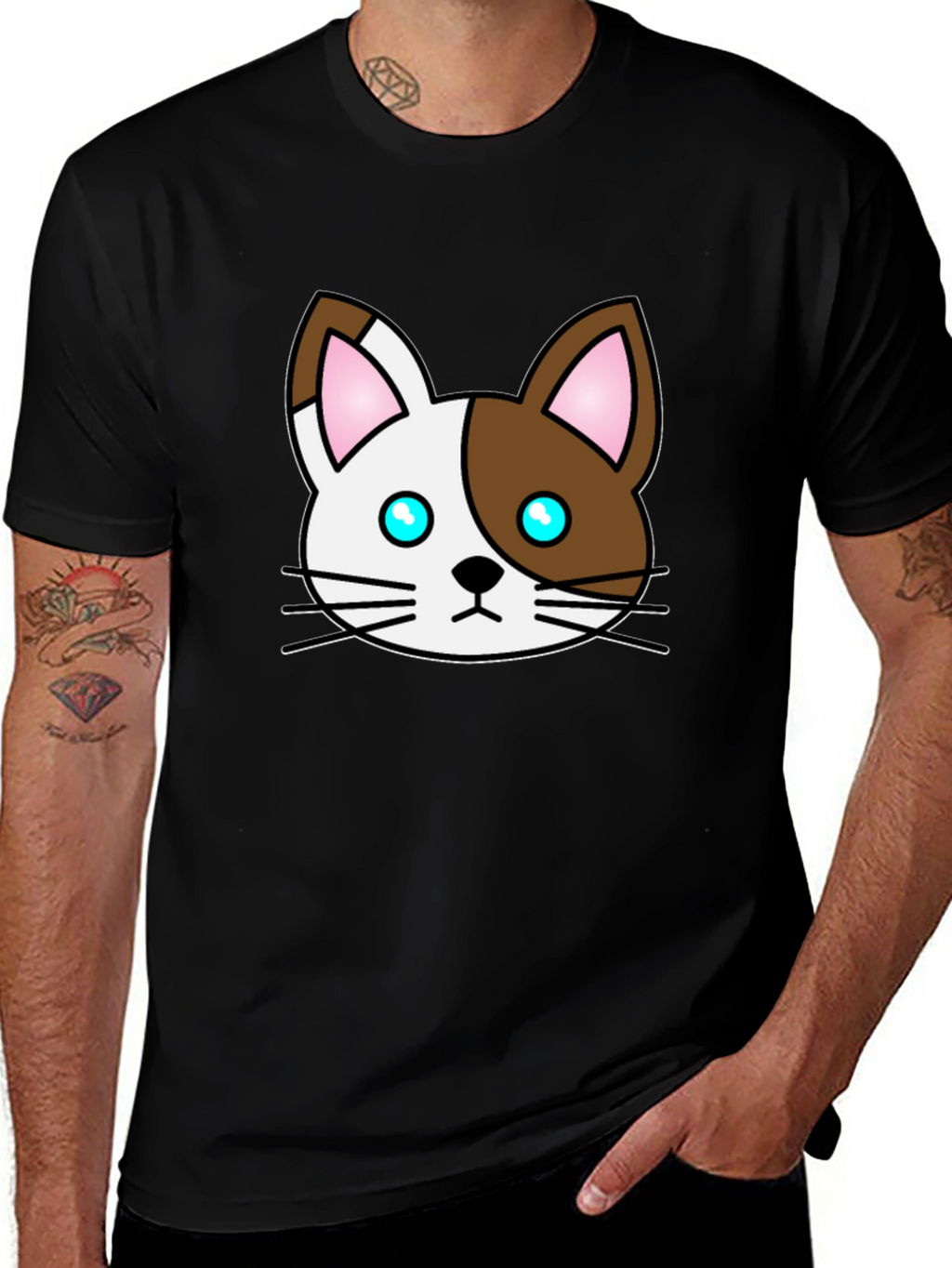 Cute Cartoon Cat Graphic Black T-Shirt