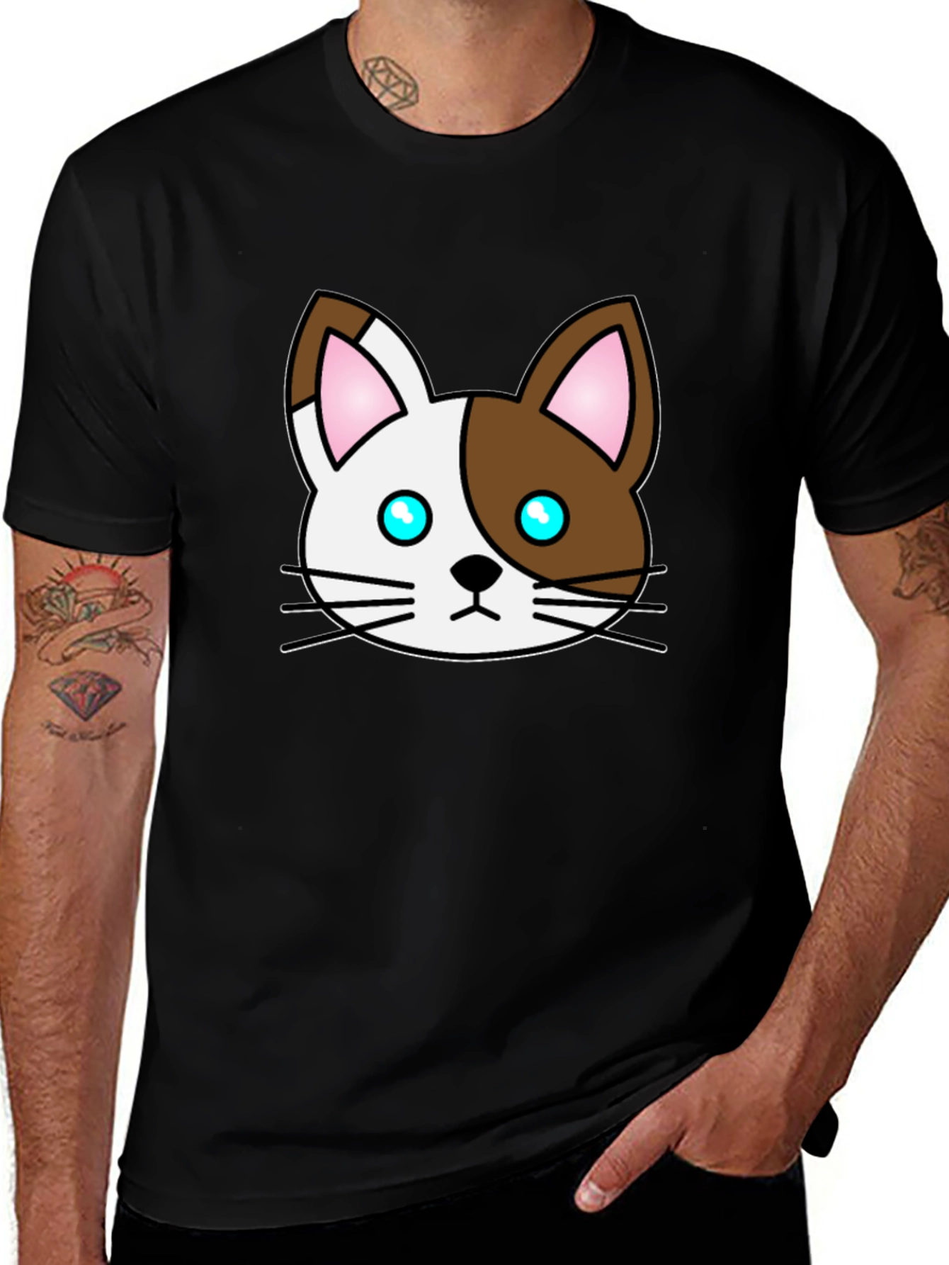 Cute Cartoon Cat Graphic Black T-Shirt