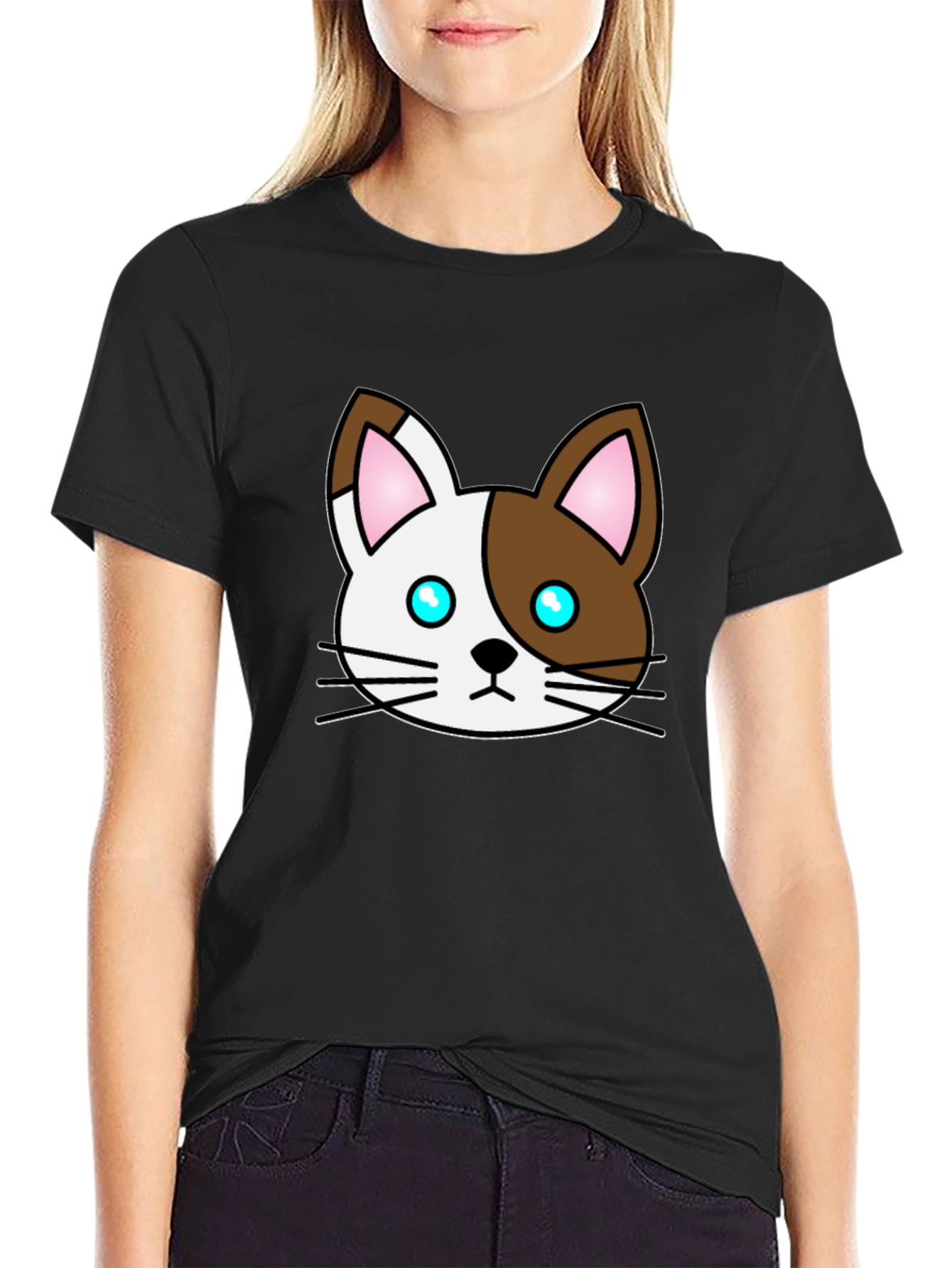 Cute Cartoon Cat Graphic Black T-Shirt