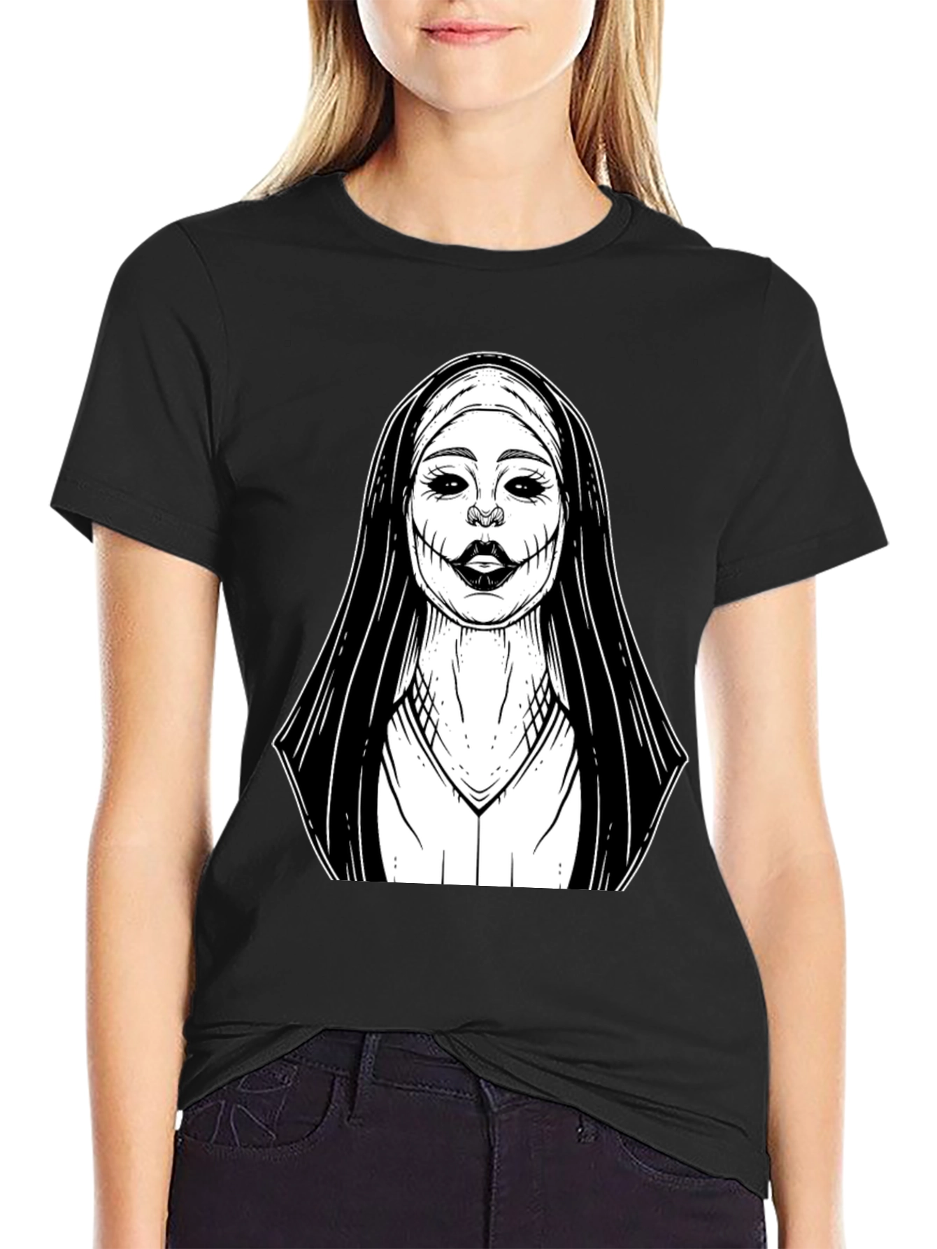 Creepy Nun Graphic Tee - Black Cotton T-Shirt