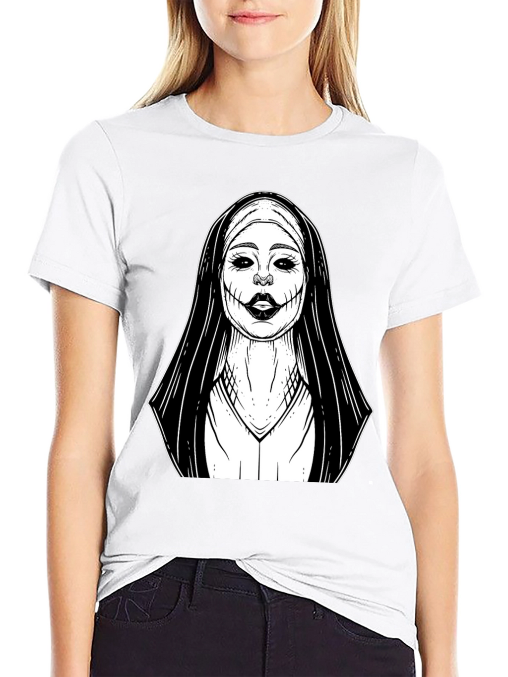 Creepy Nun Graphic Tee - Black Cotton T-Shirt