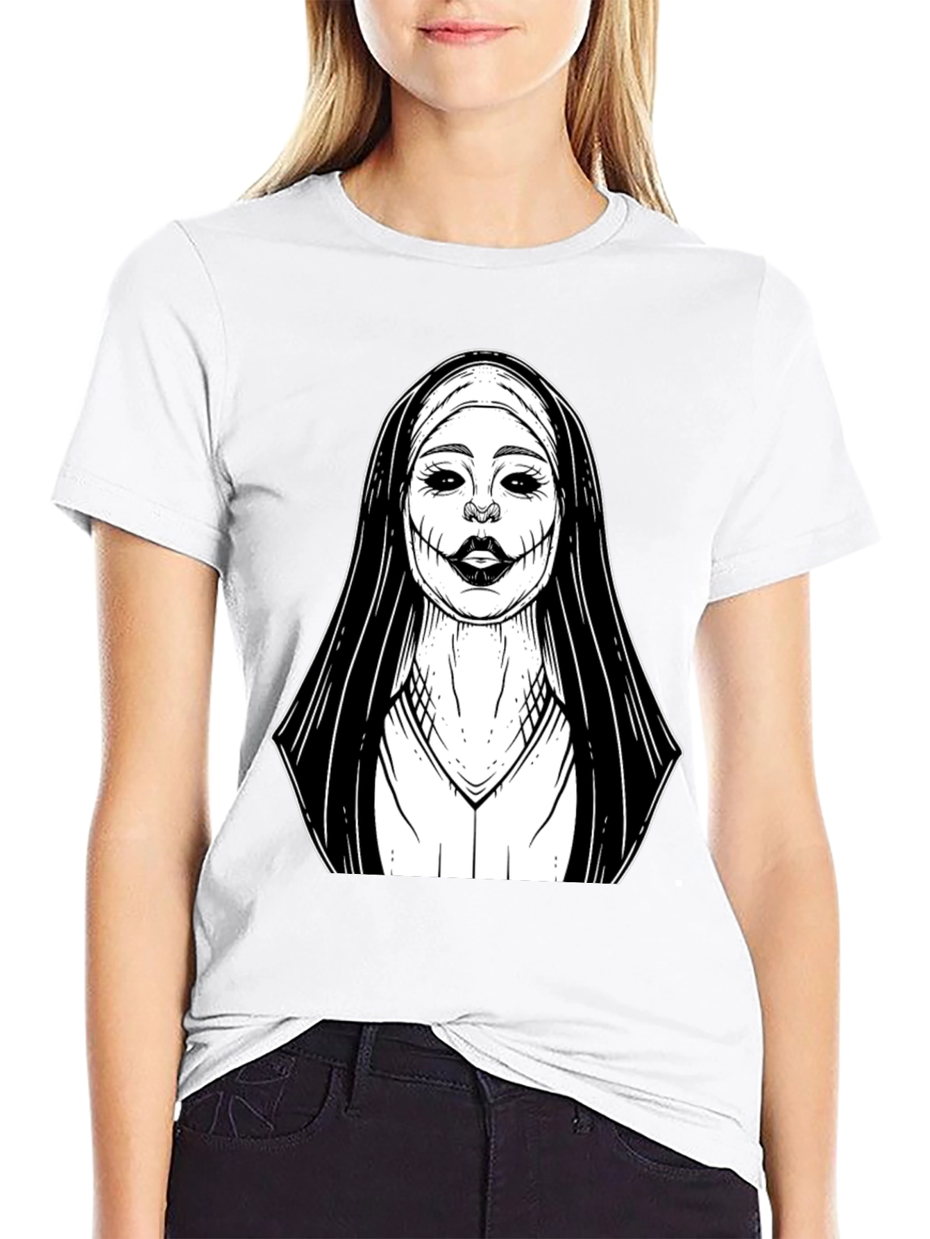 Creepy Nun Graphic Tee - Black Cotton T-Shirt