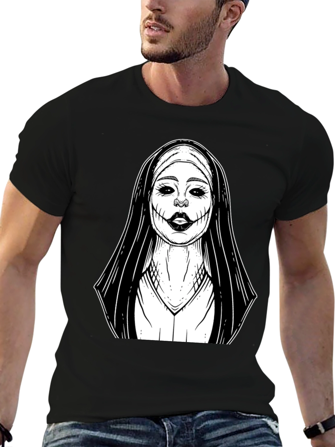 Creepy Nun Graphic Tee - Black Cotton T-Shirt